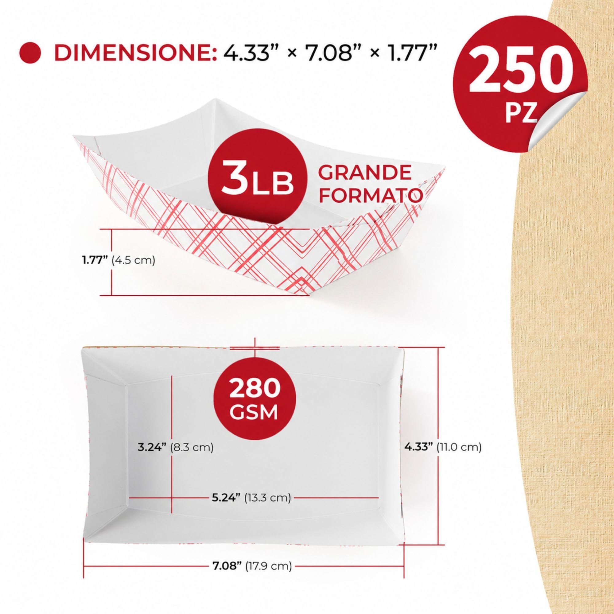 SPARGOS Food Boats Vassoi per alimenti 250 pezzi 1,4 kg carta rossa e bianca a prova di perdite congelatore usa e getta