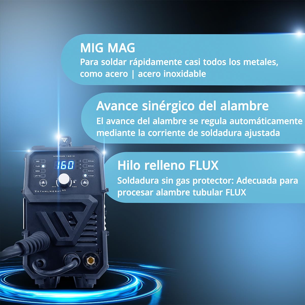 STAHLWERK Soldadora MIG/MAG 200 ST – Máquina de soldar Inverter con 200 A, equipo de gas protector con avance de hilo sinérgico, apto para FLUX (hilo hueco), funcional para Lift-TIG & MMA/Electrodo
