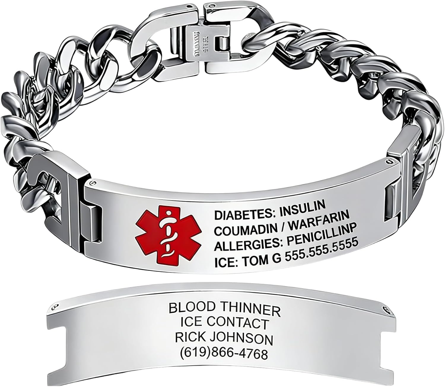 Custom Medical Alert Bracelet Engraved Emergency ID Stainless Steel Bracelets for Adults Men Women 7.5-8.5-9.8 Inch
