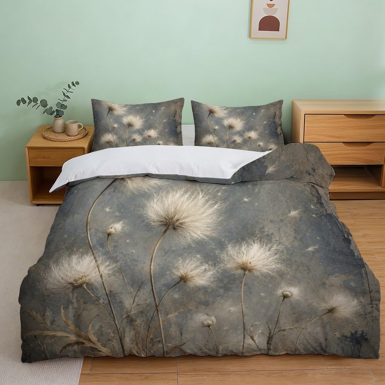 Semi tarassaco neutri Copripiumino Set 3 Pezzi 3D, Fiori da giardino | Botanico pastel Motivo, Pianta naturale Motivo, Biancheria da Letto, Letto, Set 3 Pezzi, Camera Ospiti, 200x200cm.
