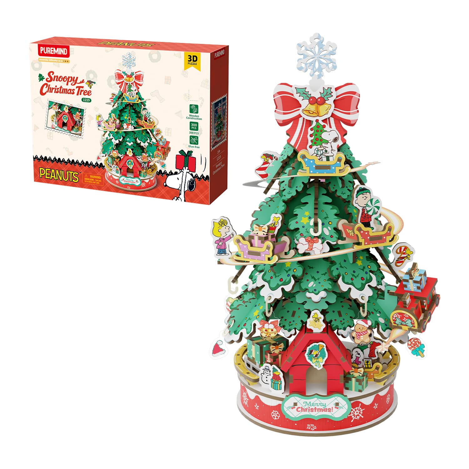 PUREMIND Snoopy PEANUTS Christmas Tree 3D Wooden Puzzle, DIY Model Kit