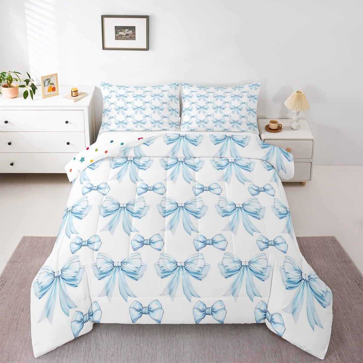 Erosebridal Blue Bow Full Comforter Set for Girls - Cute Bows Bedding Set for Kids Teen, Blue and White Bowtie Quilt, Preppy Ribbons Princess Bow Knot Bedroom Decor with 2 Pillowcases