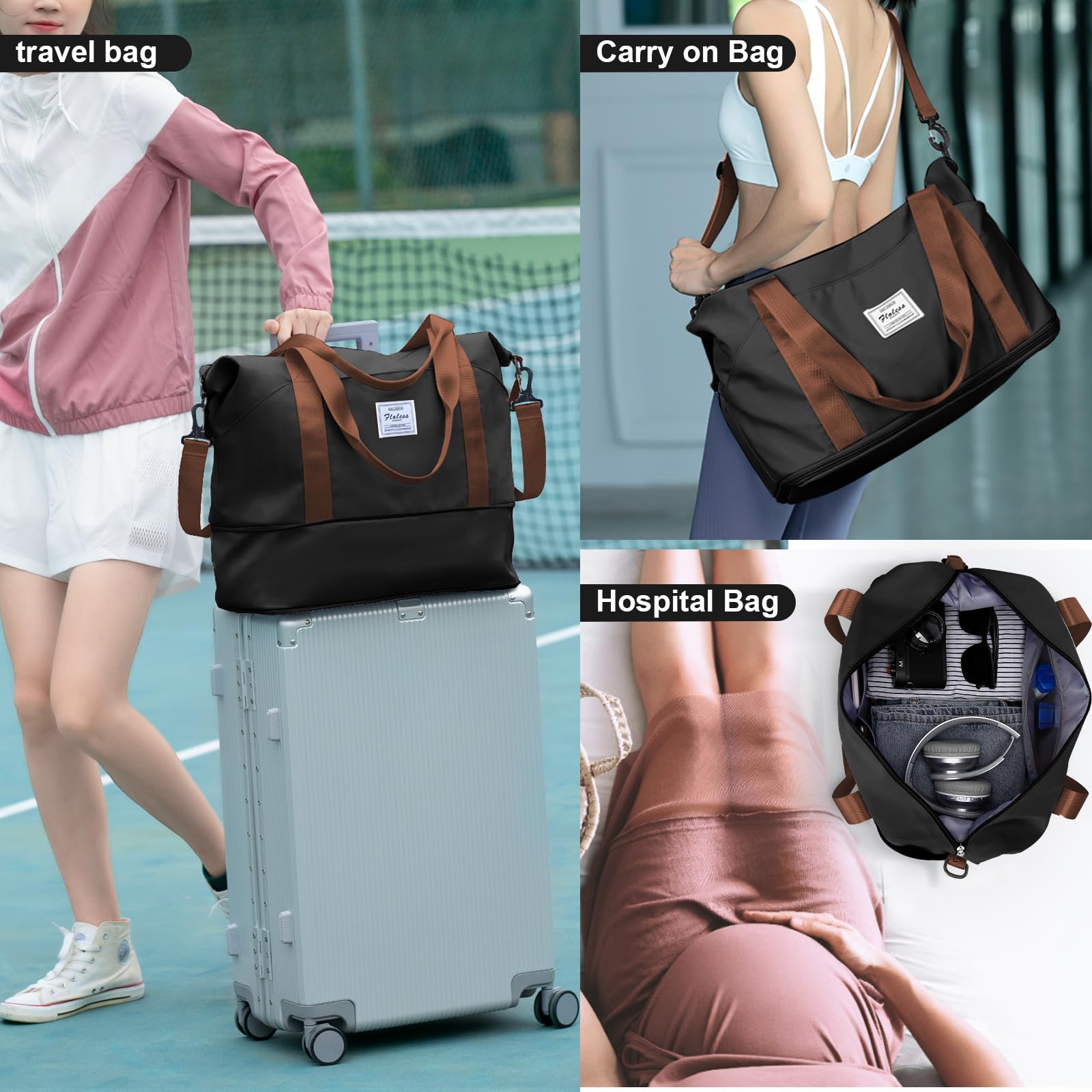 SZLX Travel Duffel Bag Weekend Bag with Trolley Sleeve,Ryanair Cabin Bag 40x30x20 Duffel Bag Wizzair,Dry & Wet Seperated Sports Gym Bag Waterproof Carry On Bag for Women Men Hospital Tote(Black Brown) — view 9