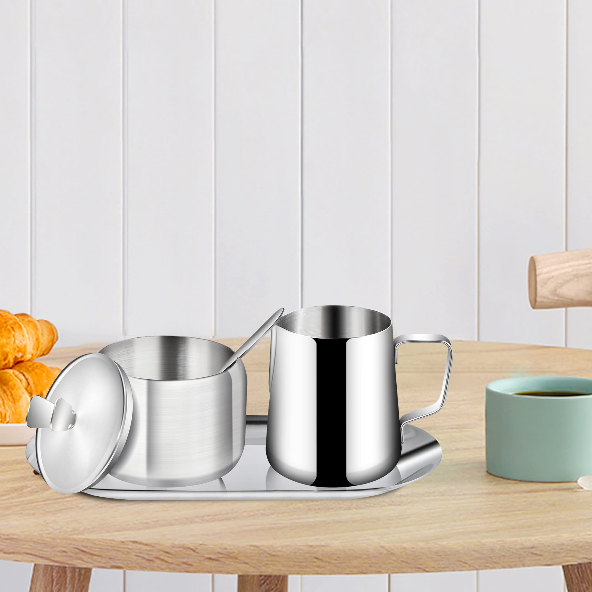 Juego de azucarero y crema de acero inoxidable, juegos de café para servir, taza de leche con leche, jarra de crema y azucarero con tapa para barra de café