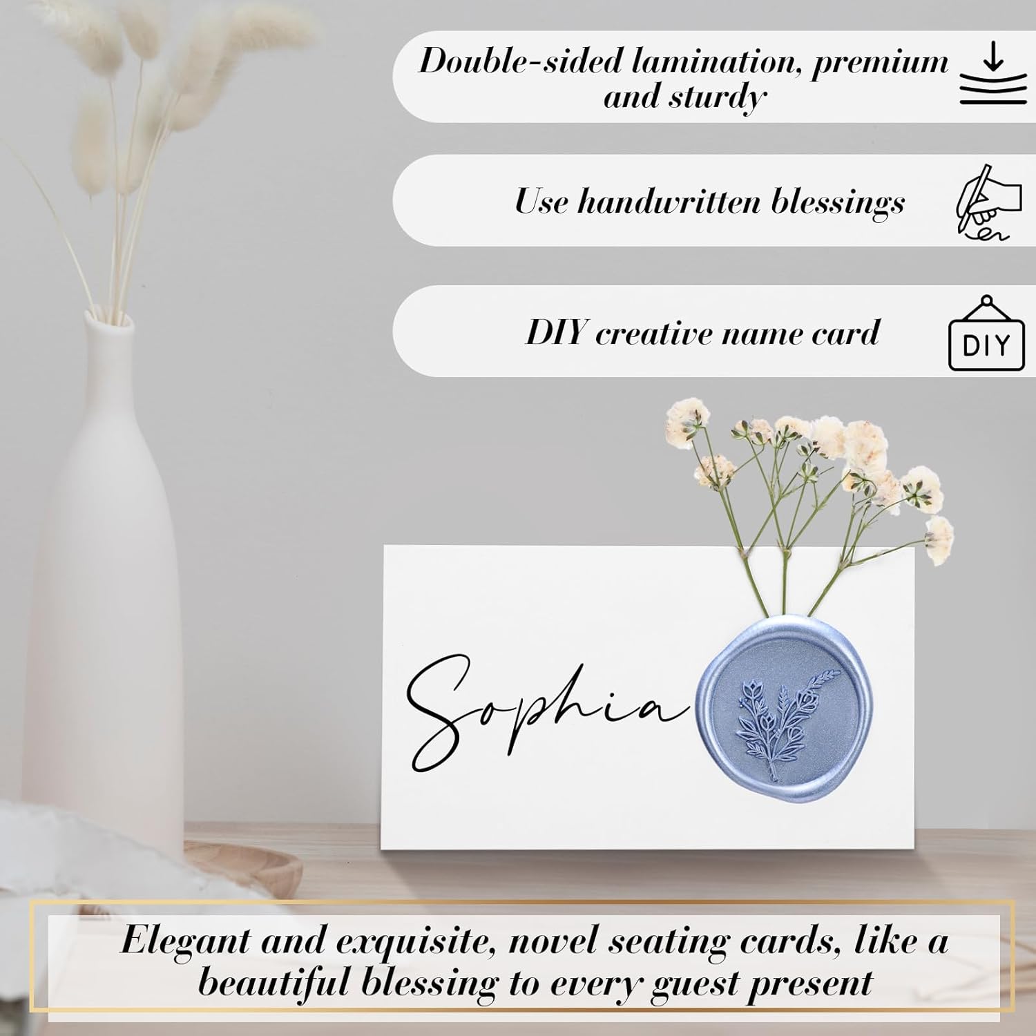 Marspark 100 Pack Wedding Place Cards with Wax Seal and Dried Flowers Table Setting Place Name Card for Wedding Name Card Holiday Birthday Dinner Parties Decorations (Dusty Blue White)