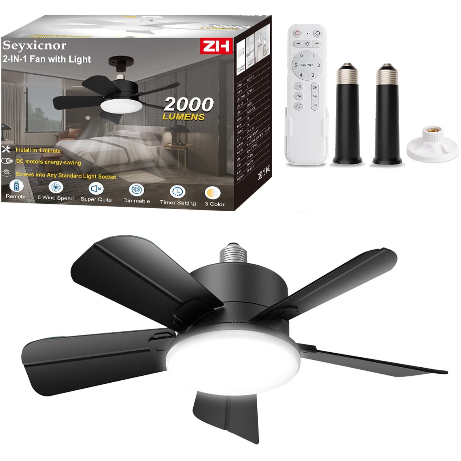 Socket Ceiling Fans with Lights and Remote, Fits E27/B22 Socket Fan light 2000LM Dim,Ceiling Fan with 900PRM
