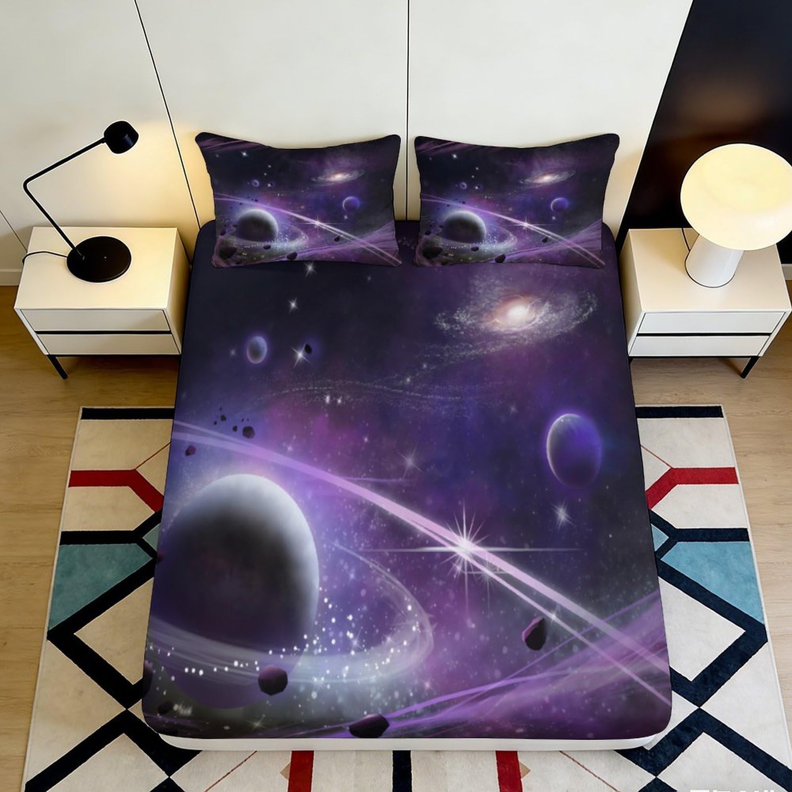 3D Printed Galaxy Starry Sky Fitted Sheet Microfiber Purple Cosmic Nebula Mattress Cover Anti-Slip Machine Washable Bedroom Decor 120x200cm 90x200x25cm