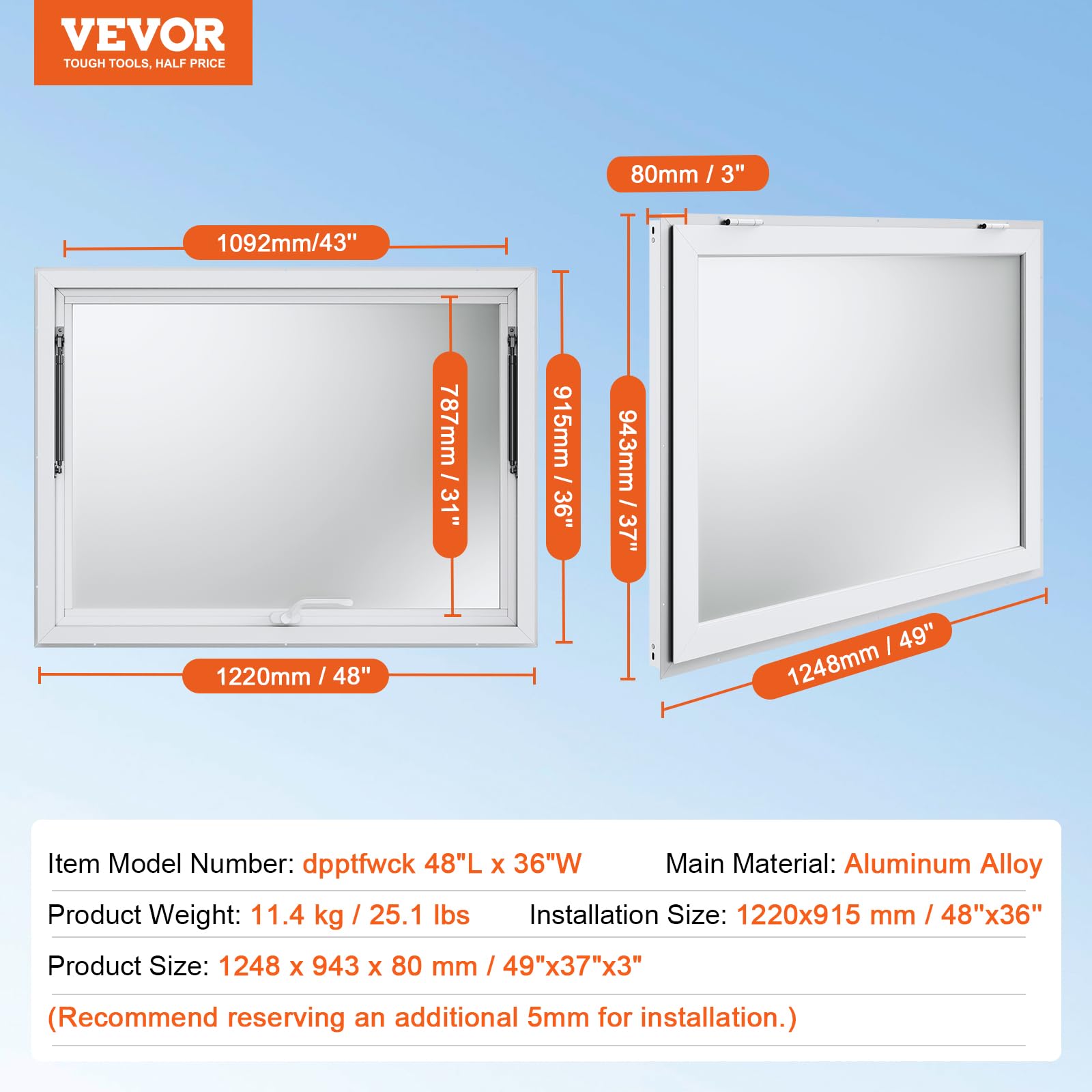 VEVOR Imbissfenster für Imbisswagen 1220 x 915 mm Servicefenster aus Aluminiumlegierung für Imbisswagen, bis zu 85° schwenkbares Servierfenster mit Markisentür & Zughaken, für Imbisswagen