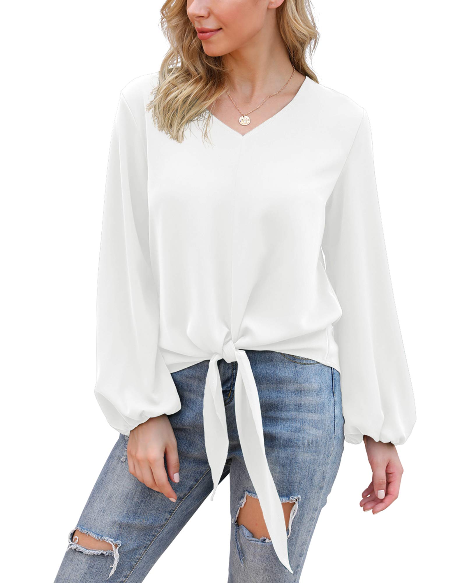 VIISHOW Womens Tie Front Knot Lartern Sleeve Loose Fit V Neck Floral Blouses Chiffon Tops Shirts