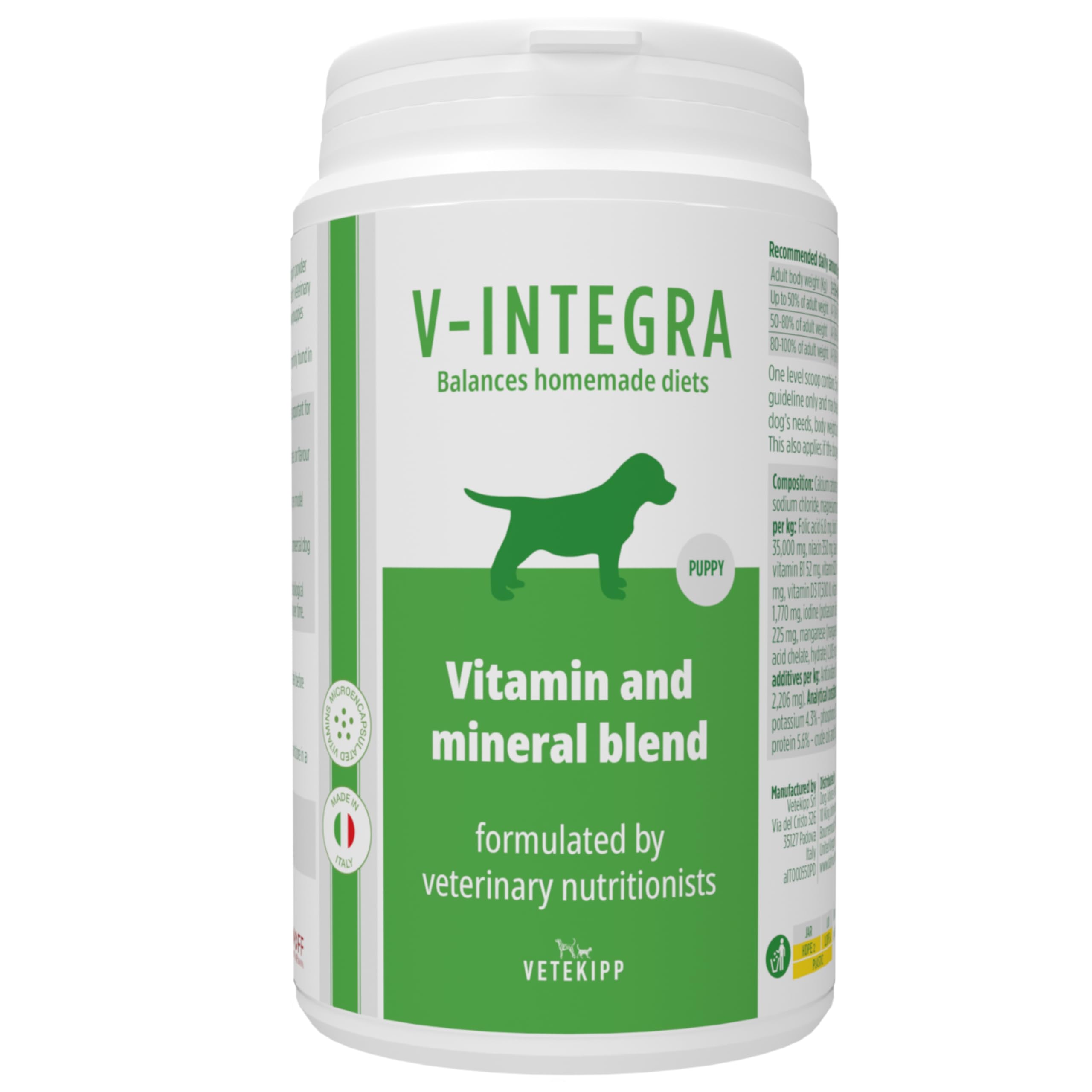 V-INTEGRA Puppy Dog 200g, Complete Supplement Rich in Vitamins and Minerals for Homemade and BARF Diets, V Integra Multivitamin for Dogs, Dog Supplements Made in Italy