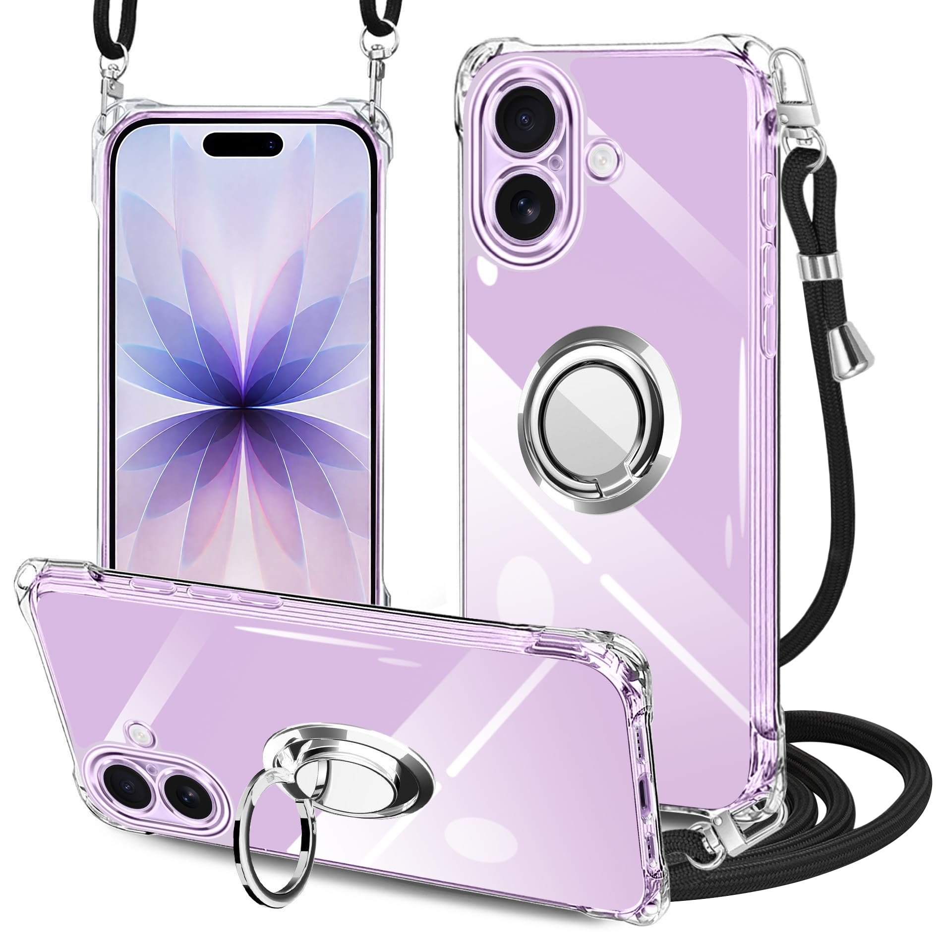 PAILAIMEN iPhone 17 用の ケース クリア ショルダー アイフォン17 スマホケース 耐衝撃 対応 いphone 17 カバー 肩掛け 斜めかけ 透明 TPU ストラップ付き 薄型 軽量 紐付き ネックストラップ ショルダー 肩掛け 縦/横 2WAY 長さ調整可能 取り外し可能 落下防止（縄掛け-ブラック）