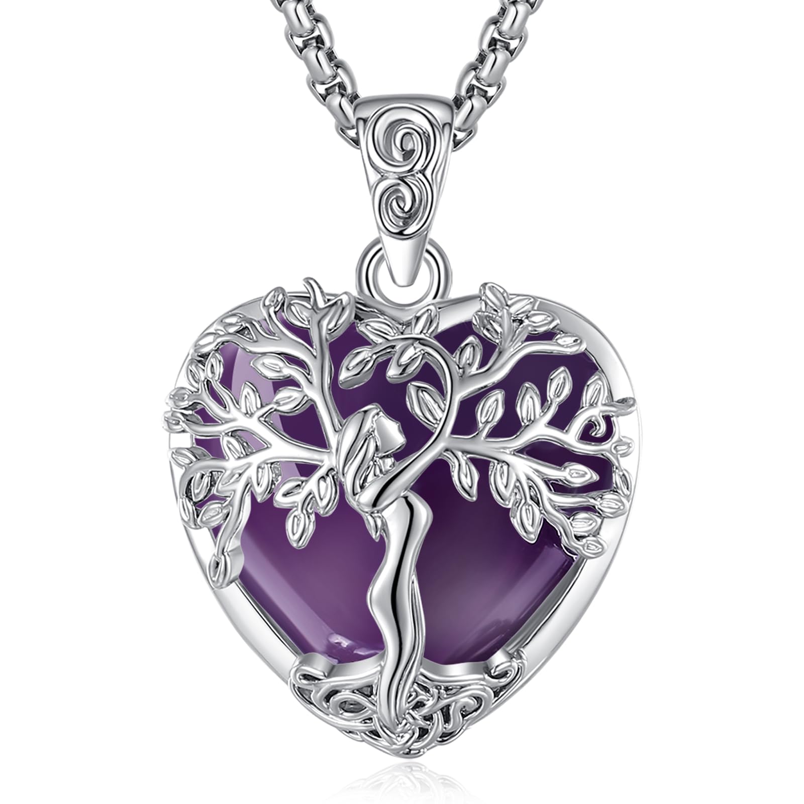 Lebensbaum Kette mit Kristall für Damen, Baum des Lebens Halskette Anhänger mit Kristall Heilsteine Amethyst Mondstein Obsidian Türkis Malachit Schmuck Geschenk für Frauen Dame