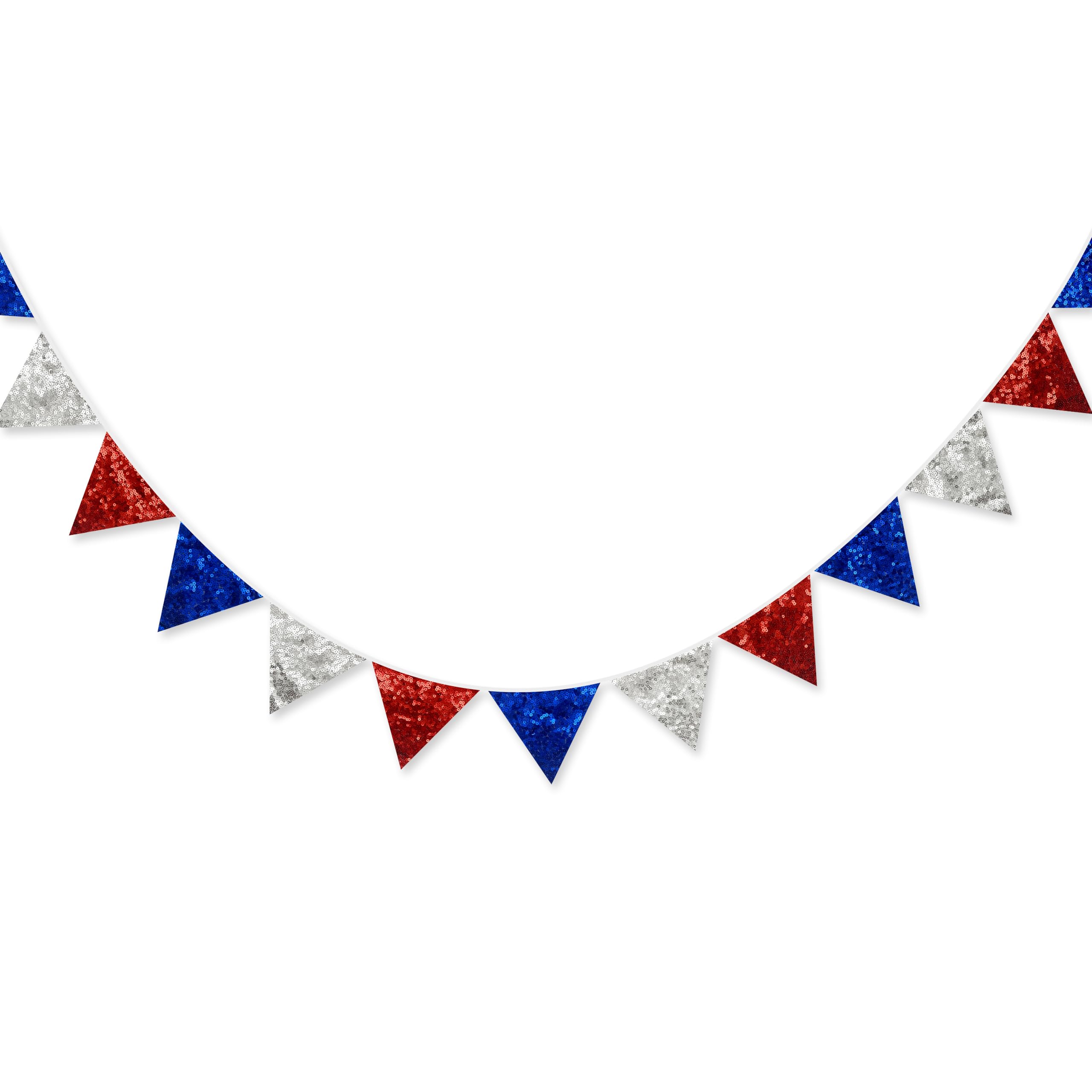 pinkblume Red Blue Silver Decorations Double Sided Sequin Fabric Triangle Pennant Banner Flag Bunting Garland for Nursery Classroom Home Bedroom Wall 4th of July American Veterans USA Holiday Decor