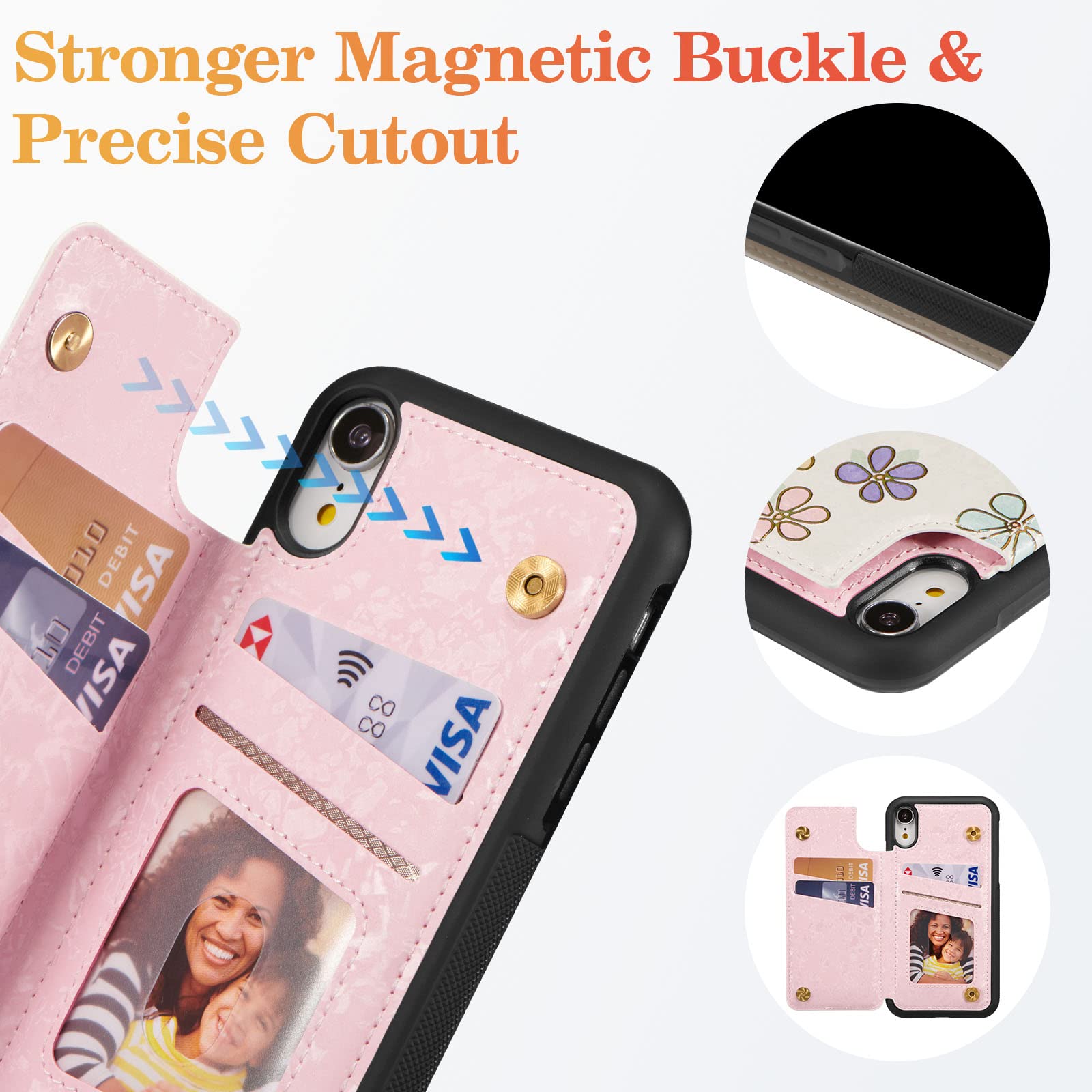 UEEBAI Wallet Case For IPhone 12/12 Pro With Card Holders, PU Leather Floral Cover Kickstand RFID Blocking Double Magnetic Clasp Rilievo Flower Flip Case For Women Girls - Blue Butterfly