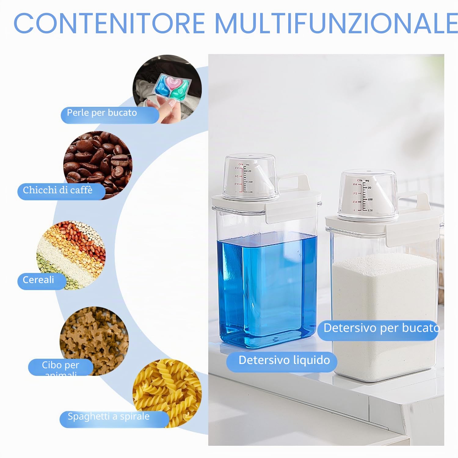 2pcs 1800ml Dosatore Detersivo Lavatrice con Misurino, Contenitore Detersivo Polvere, Contenitore Multiuso con Chiusura Ermetica, Ideale per Detersivi Liquidi, Cereali E Cibo per Gatti