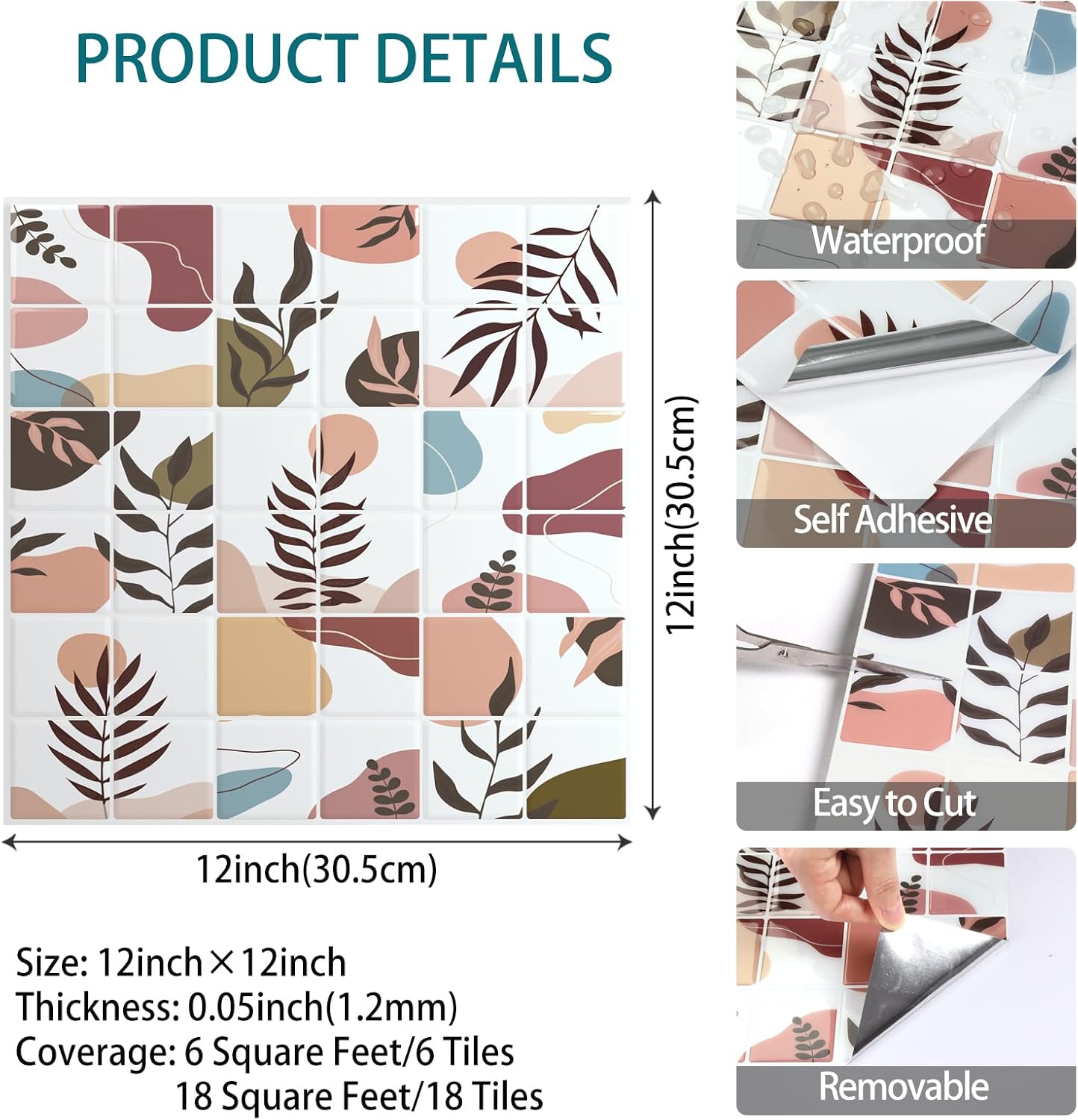 VaryStyle 18-Sheet Peel and Stick Backsplash 3D Wall Tiles Mosaic Boho Art Decor Self Adhesive Waterproof Bathroom Back Splash Renter Friendly Removable Stick on Tiles for Kitchen Shower Wall 12"x12"