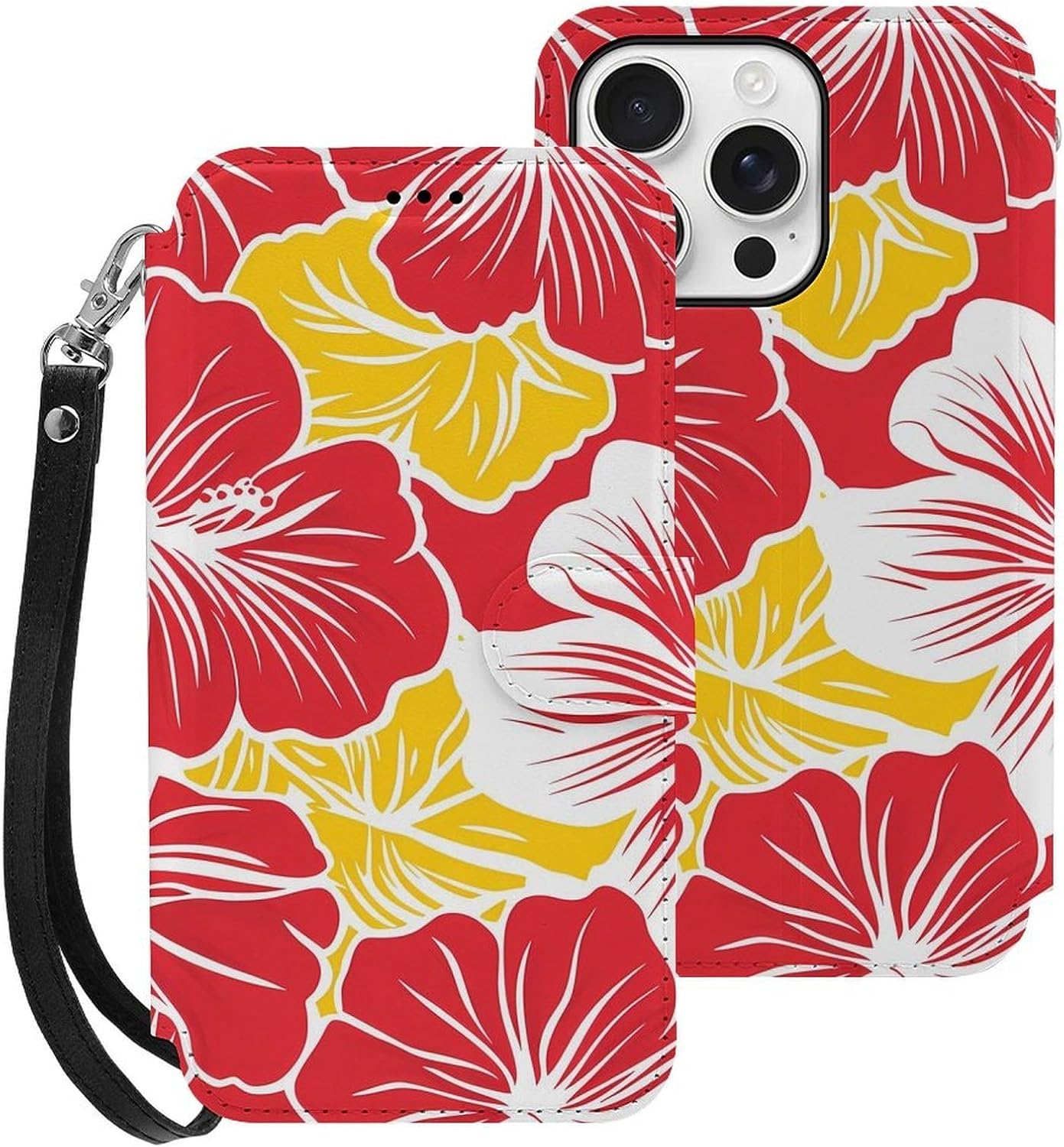 Hawaiian Tropical Flowers Compatible with iPhone 16/16 Plus/16 Pro/16 Pro Max/16 E Case Phone Wallet Card Holder Flip Cover with Wrist Strap