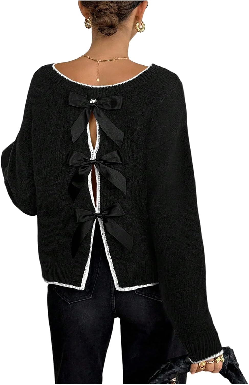 SOLY HUX Women's Sweaters Bowknot Backless Long Sleeve Knit Pullover Tops Fall Clothes