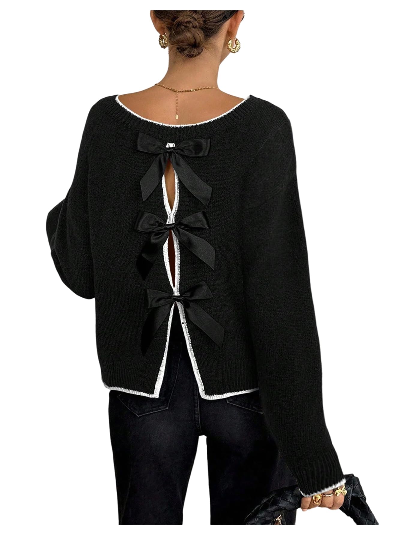 SOLY HUX Womens Sweaters Bowknot Backless Long Sleeve Knit Pullover Tops Fall Clothes