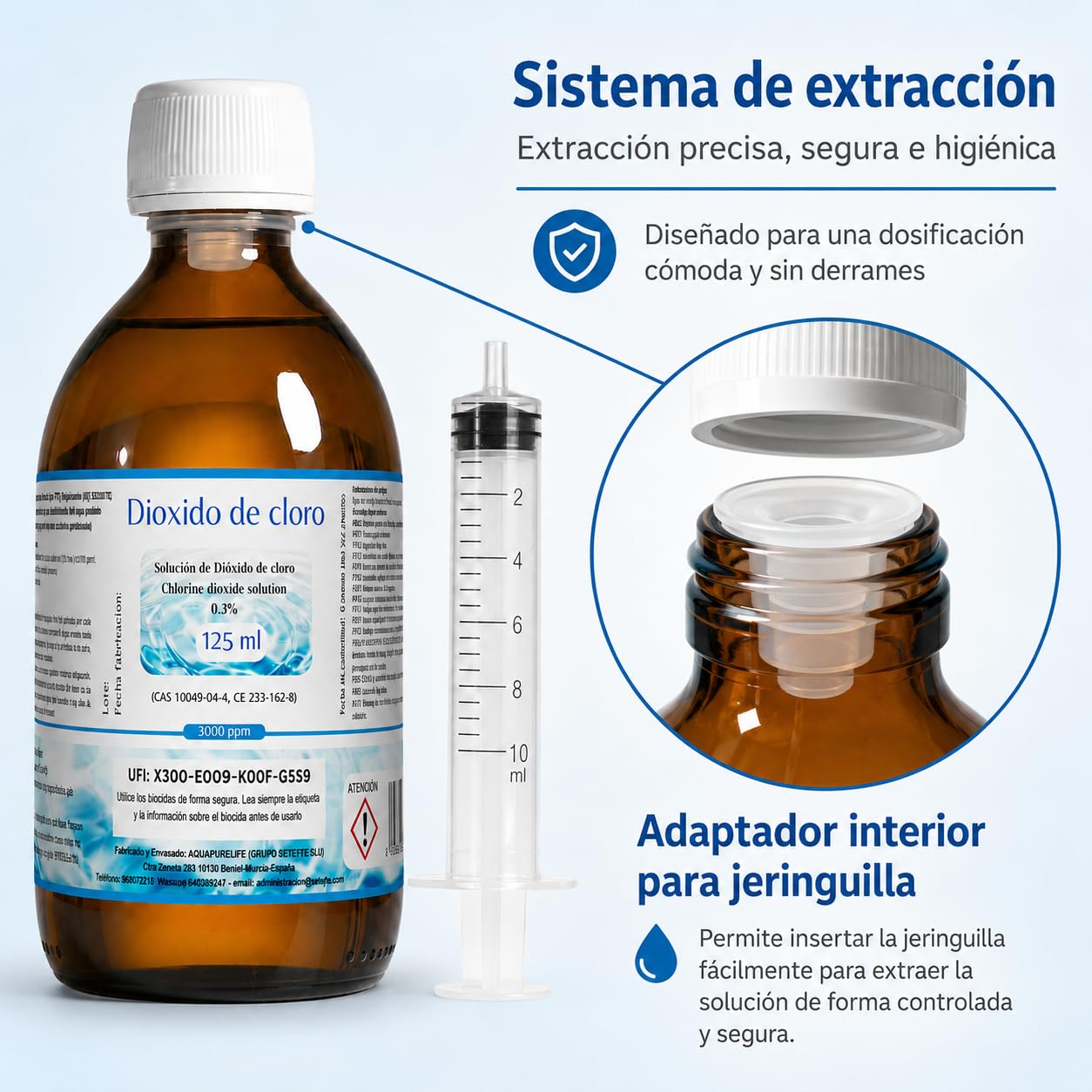 Dioxido de Cloro 3000ppm - CDS 0,3% - Envasado en Botella Cristal Ambar - Fabricado en España (125ml)