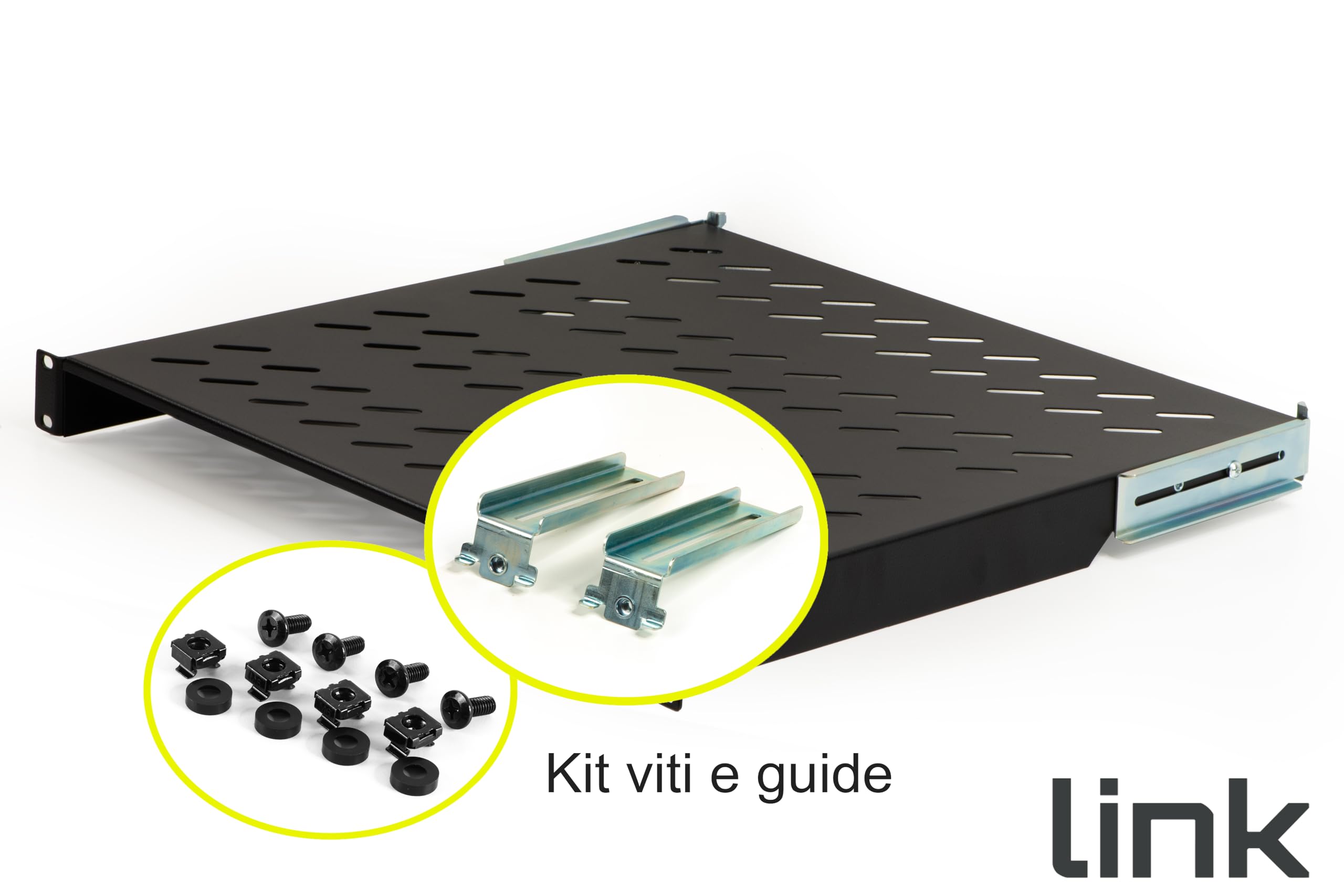 Link LKRIP450LN - Mensola in Acciaio estendibile per Armadio Rack 19" (1U, Nero RAL9005, 48,5x46,5x4,5 cm) – Portata 50 kg – Staffe Posteriori Regolabili per profondità 600-800 mm