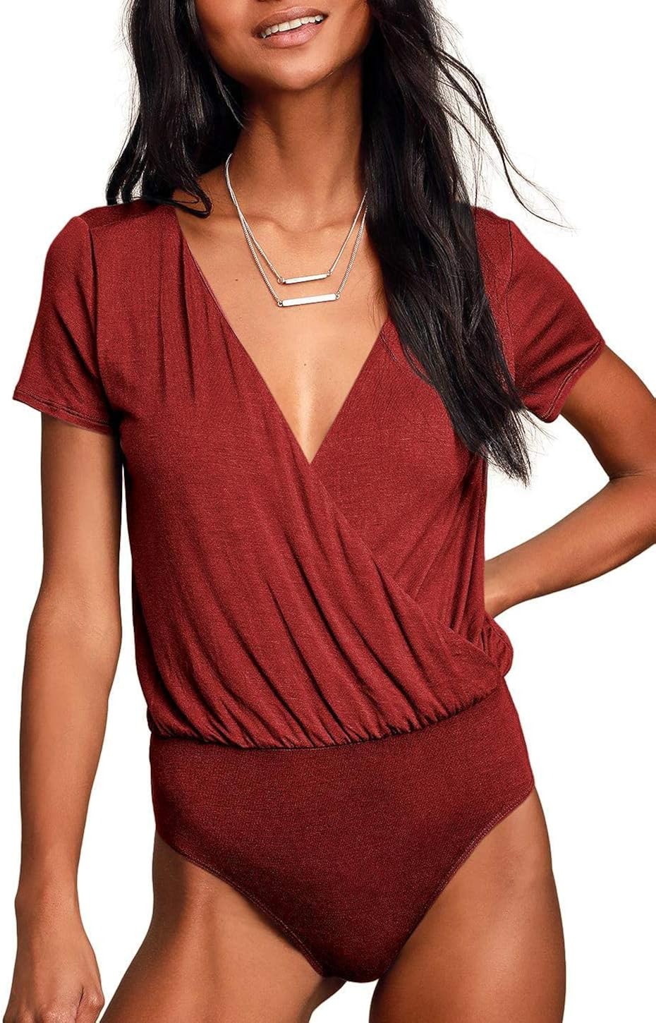 Tankaneo Women's Deep V Neck Short Sleeve Bodysuit Solid Color Wrap Surplice Jumpsuit Tops Leotard S-XXL