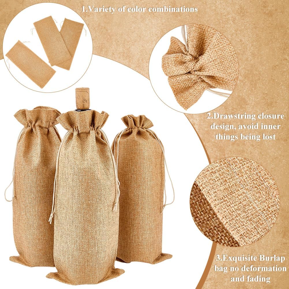Beebeecraft 8Pcs 13.8x5.9 Inch Burlap Wine Bags Drawstring Champagne Bags Jute Sleeves Wine Bottle Gift Pouches for Whiskey Wedding Party Storage Wrapping