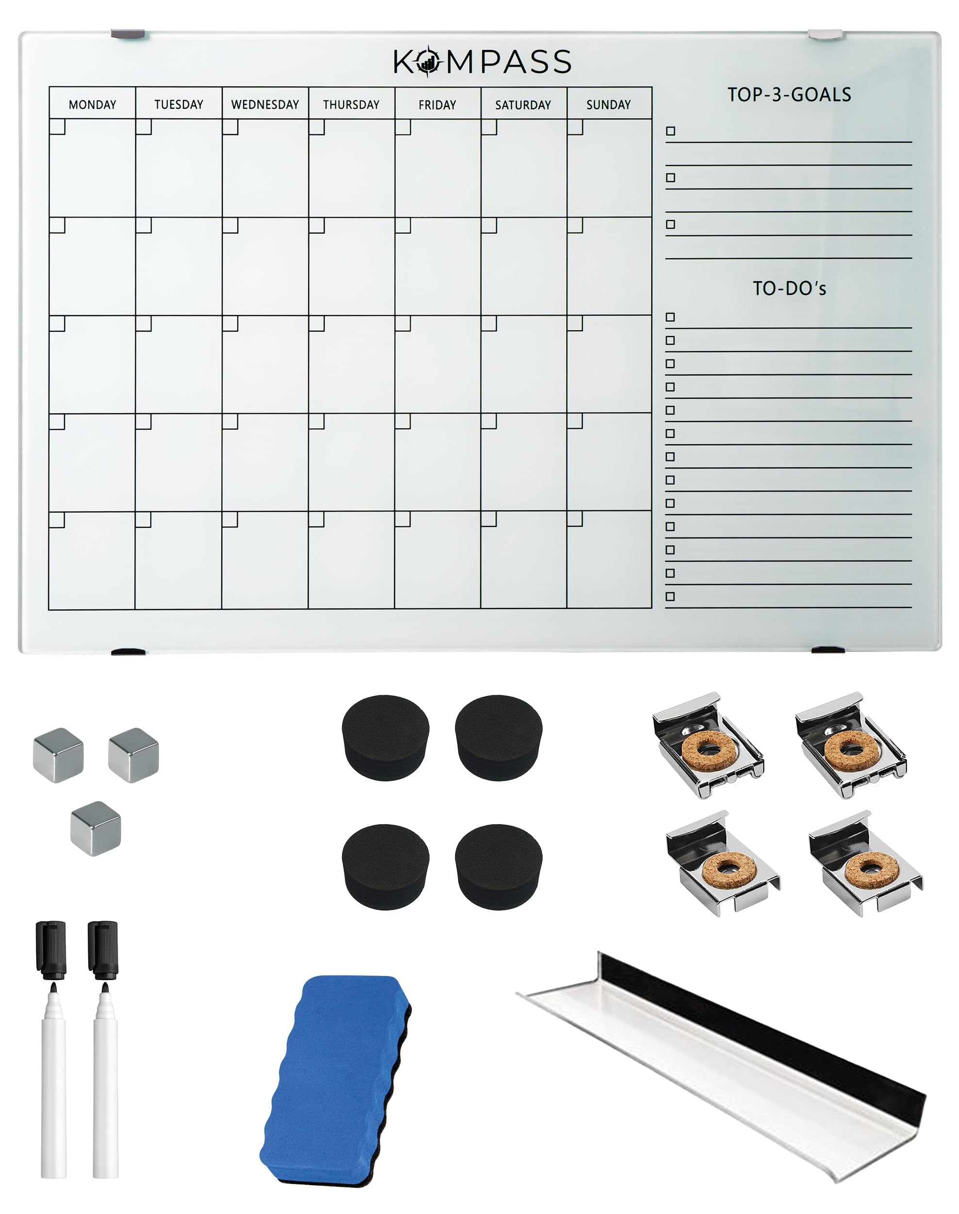 Kompass Monatsplaner | Vision Board | Magnettafel– Abwischbarer Wandplaner für Gewohnheiten, Ziele & Tägliche To Do Planung – Undatiert, Wiederverwendbar-Edles Acryl-Glas Whiteboard, 60 * 40 cm, weiß