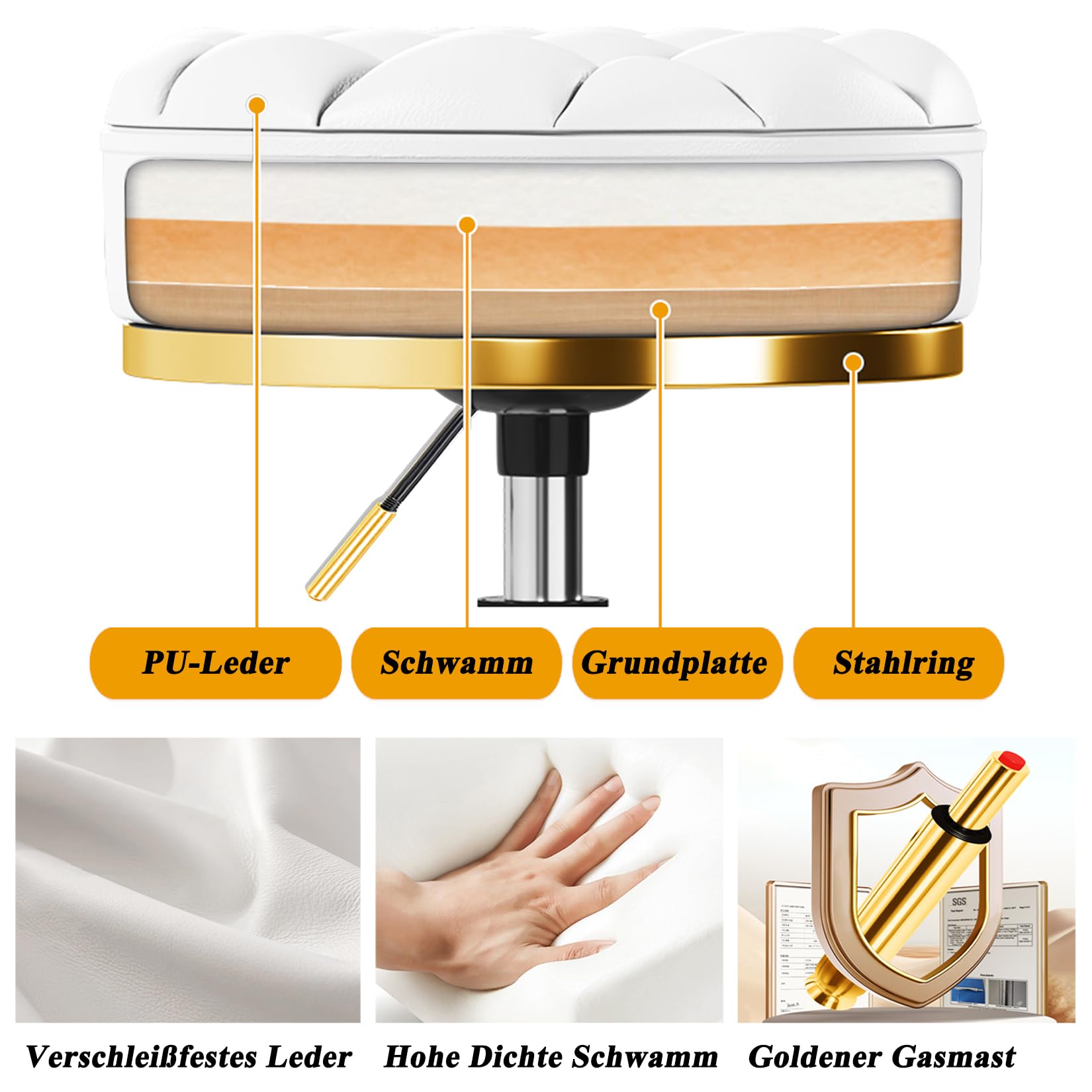 Sgabello Rotolante Girevole Dorato, Altezza Regolabile 43-55 cm, PU Pelle Sedia con Ruote, Telaio Placcato Oro, Girare Sedia per Cura dei Piedi, Tatuaggi (Bianco)