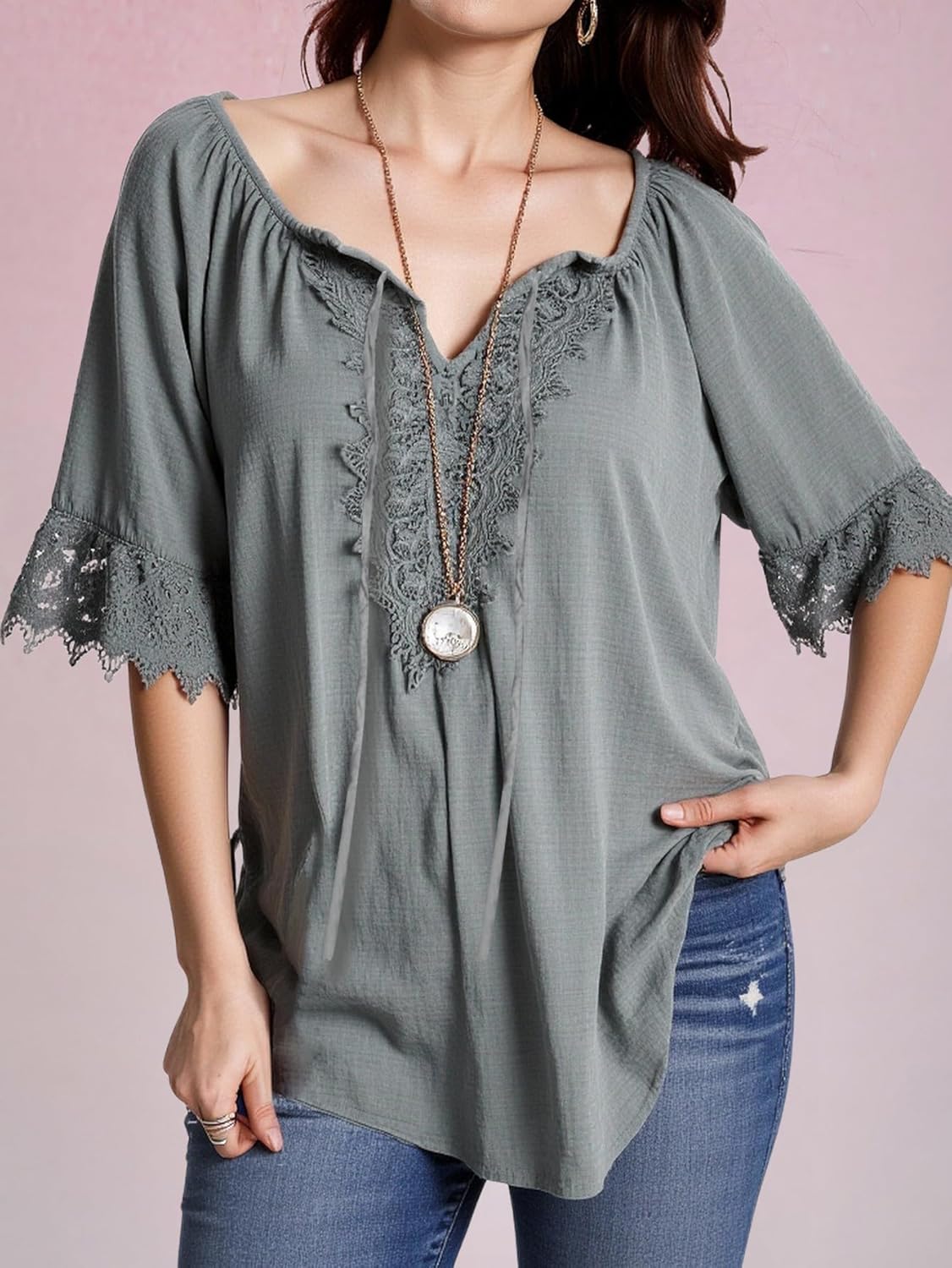 Women's Summer Lace Tie Front Tops Elegant Short Sleeve Dressy Casual Blouses - Image 4