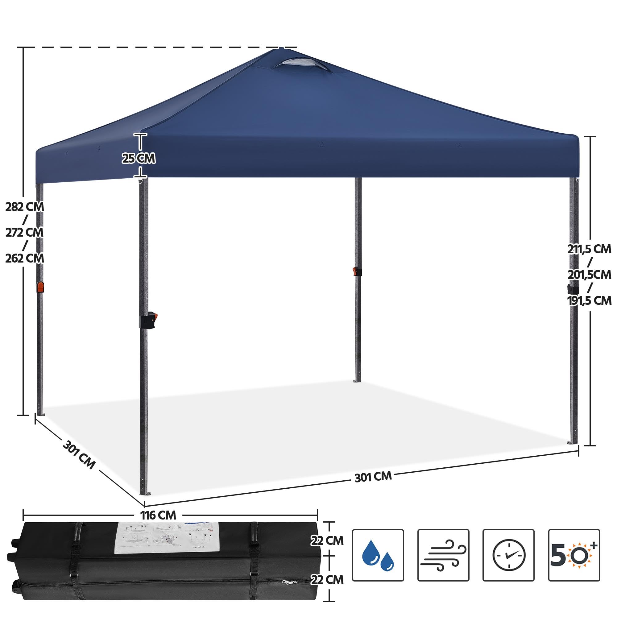 Yaheetech 3x3m Gartenpavillon Höhenverstellbar Pop Up Pavillon, Navy Blau | Faltpavillon Wasserdicht Stabil Faltzelt inkl. Tasche & 4 Sandsäcke UV-Schutz 50+ Campingpavillon für Garten Camping