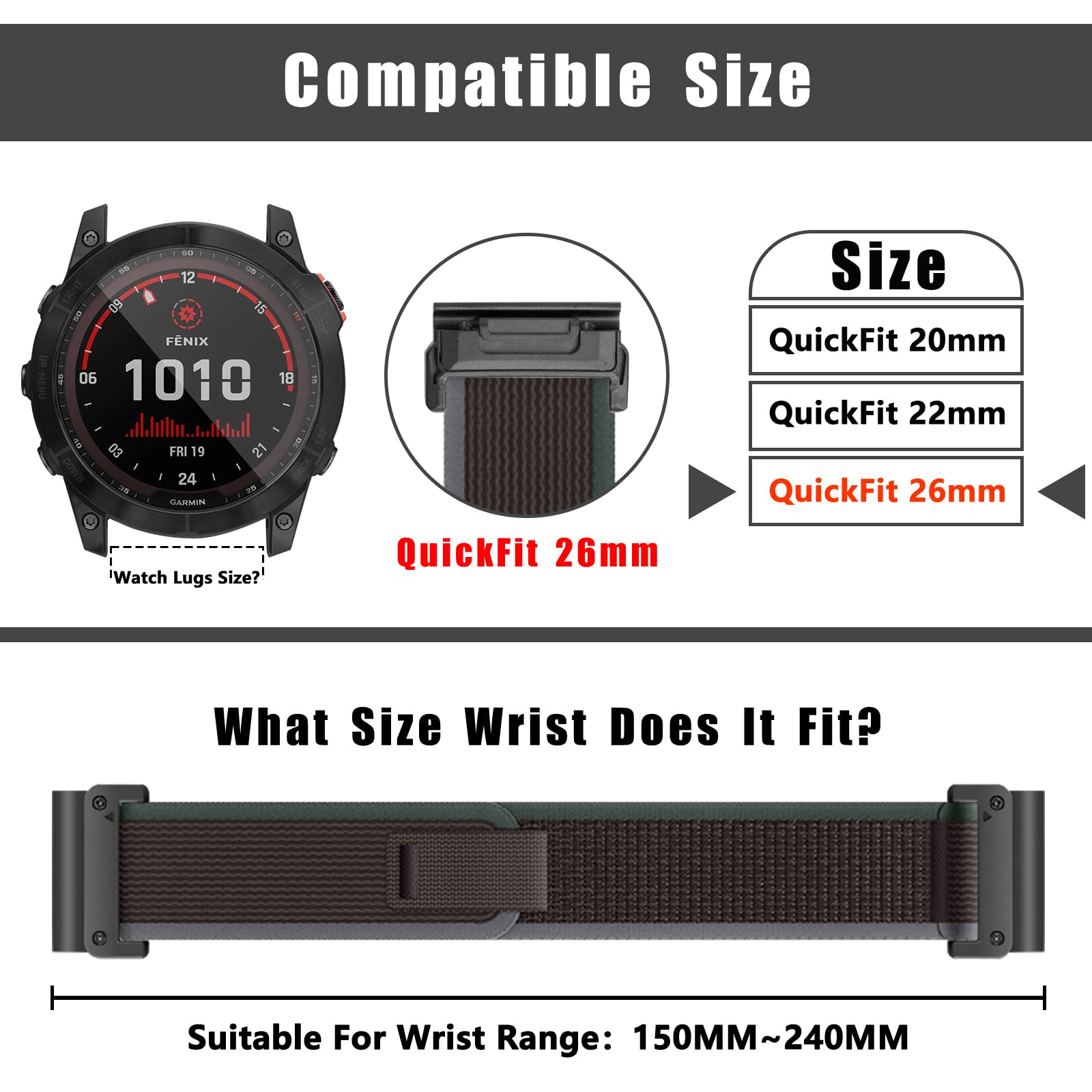 ZoRoll QuickFit 26 mm Nylon Strap for Garmin Enduro 3/Fenix 8 51mm/7X Pro Solar/7X/6X/5X/5X GPS, Sport Replacement Bracelet - Image 4