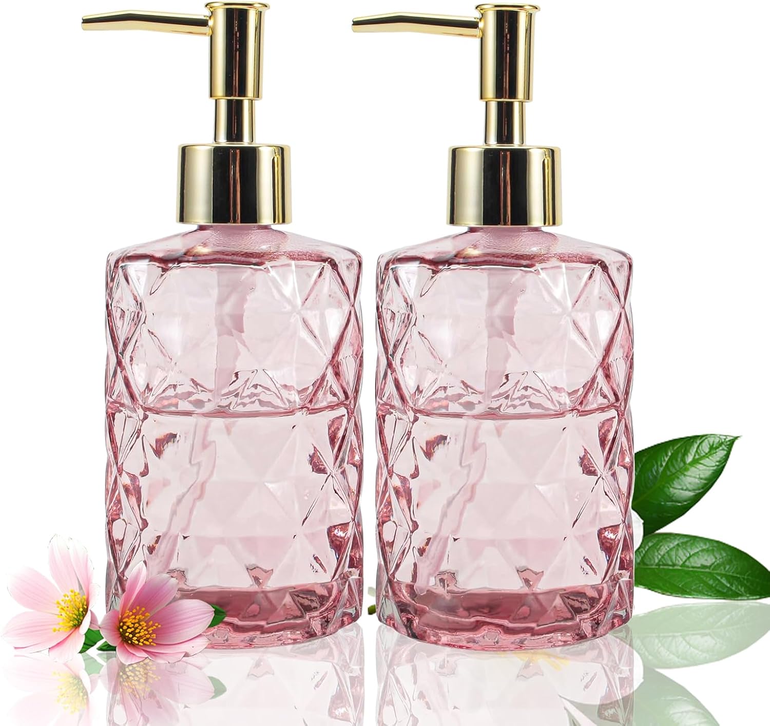Pink Glass Soap Dispensers for Bathroom,2 Pack 12 Oz/330 ml Clear Hand Soap Dispenser with Gold Pump,Dish and Lotion Soap Dispenser,for Kitchen Sink,Countertop,Bathroom