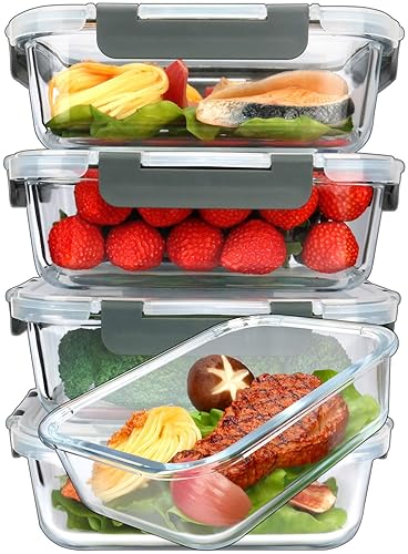 MCIRCO [5-Packs, 36 Oz Glass Meal Prep Containers with Snap Locking Lids Glass Food Containers,Airtight Lunch Container,Microwave, Oven, Freezer and Dishwasher (4.5 Cup) - Gray