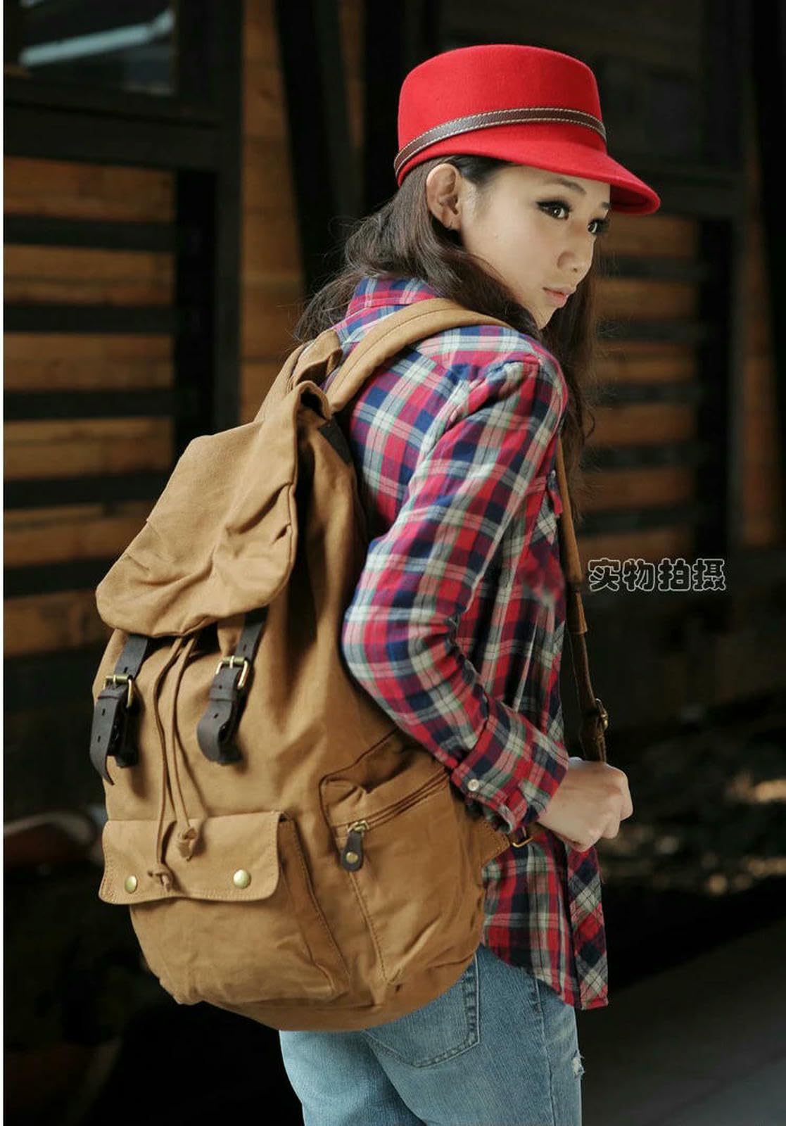 Rucksack Vintage-Rucksack Aus Canvas-Leder Für Herren, Mit Kordelzug, Schul- Und Reise-tagesrucksack, Freizeittasche Großem Fassungsvermögen-grün