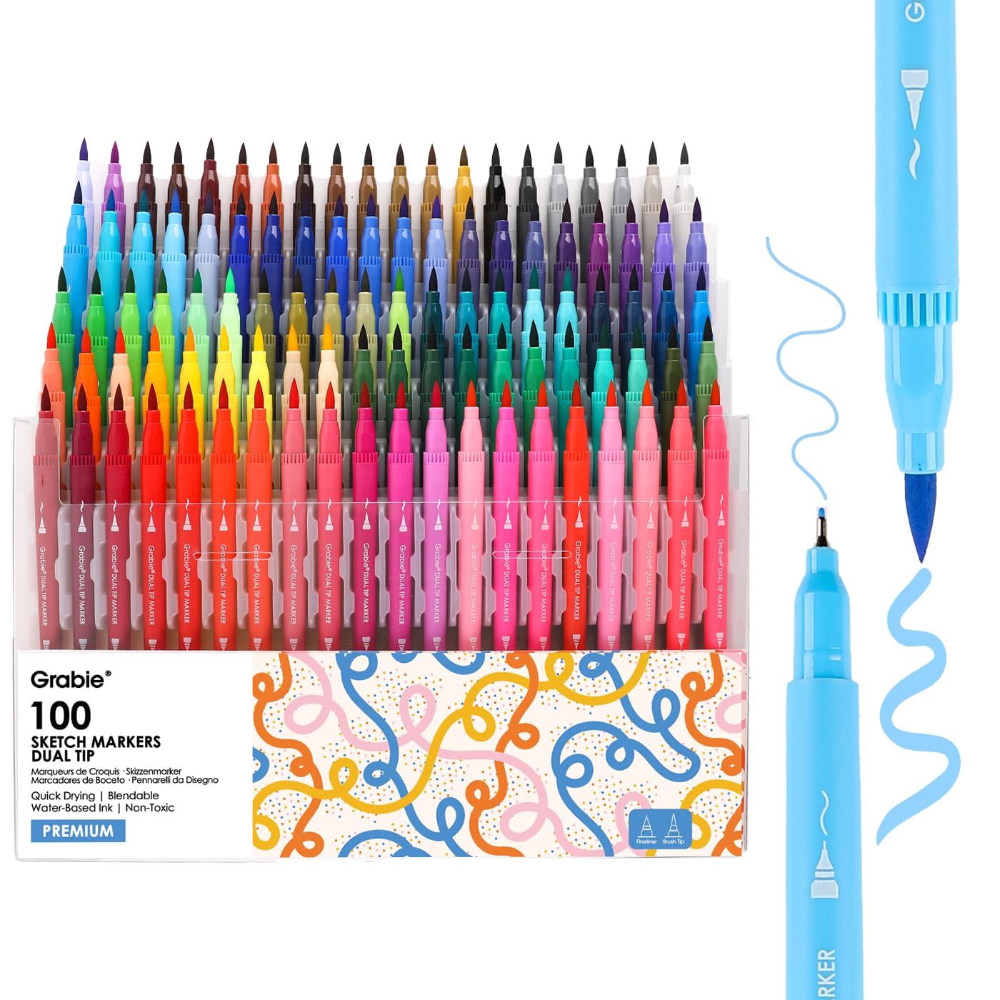 Dual Tip Water-Based Sketch Marker Set of 100, Fineliner & Brush Drawing Pens, Brush Mark…