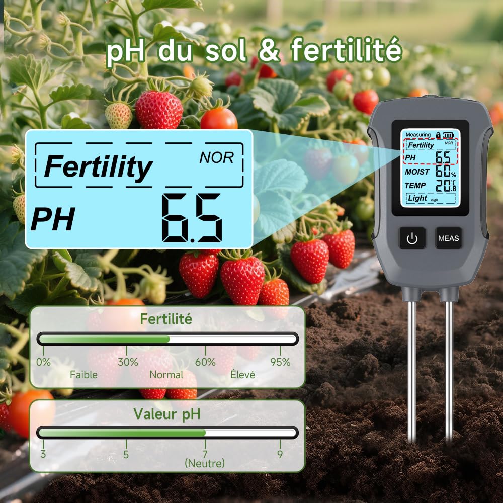 Uzoli SGS13 Testeur d'humidité du Sol Plantes, 5 en 1 Appareil de Mesure du Sol pour fertilité, Valeur ph, Intensité Lumineuse, Température, Humidité du Sol, Hygromètre pour Jardin et pelouse