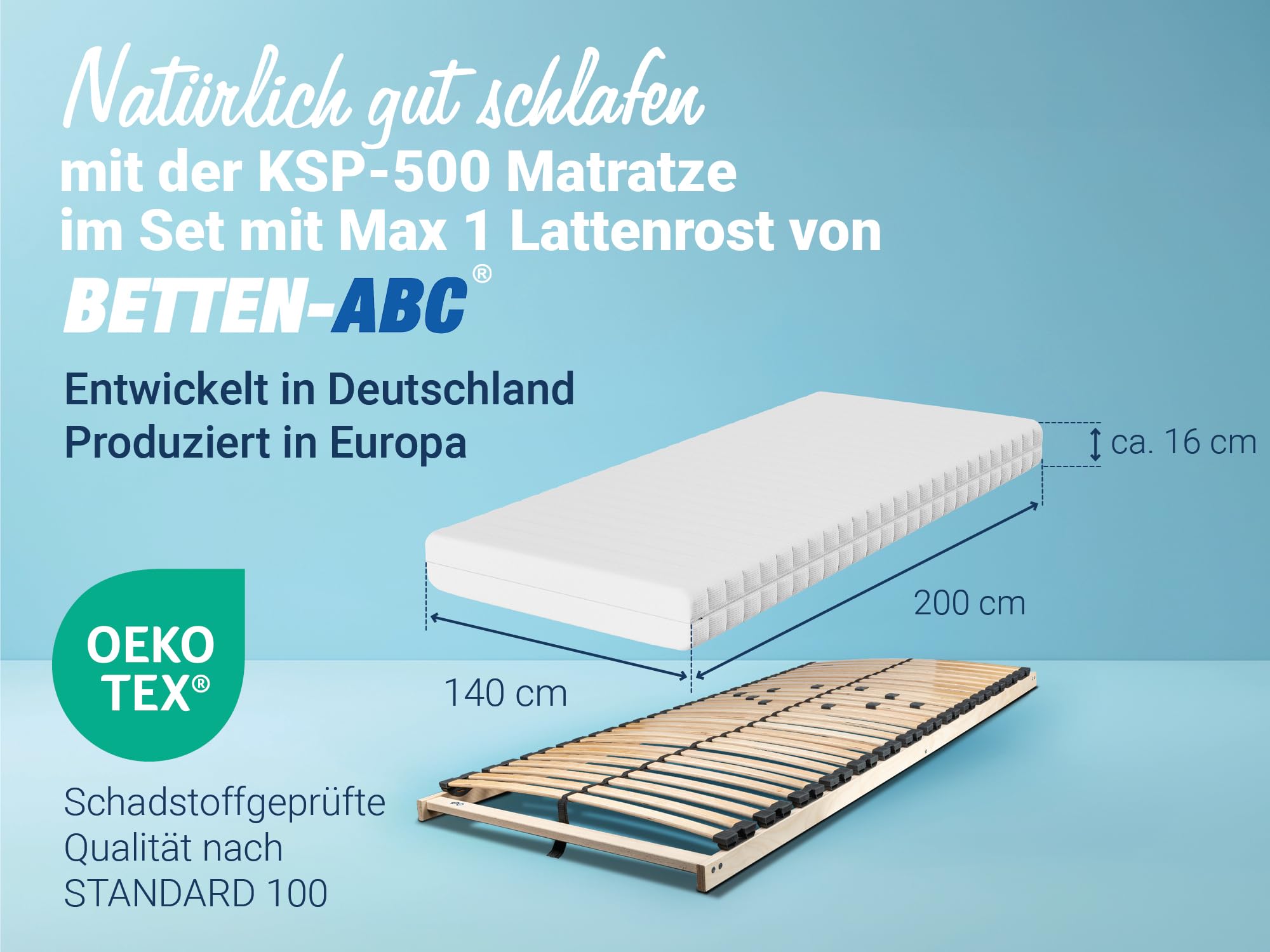 BettenABC - Matratze & Lattenrost (KSP-500) - 140x200 cm (H3) - 7-Zonen Matratze aus Kaltschaum mit passendem Lattenrost - Hypoallergen & Antibakteriell - Oeko-TEX® Zertifiziert - Lieferung per Paket