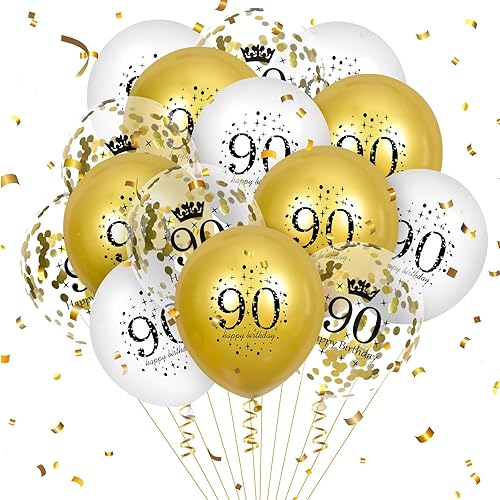 Globos de cumpleaños de 90 años, 15 unidades, globos de feliz cumpleaños 90 de oro blanco, globos de confeti para hombres y mujeres, decoraciones de