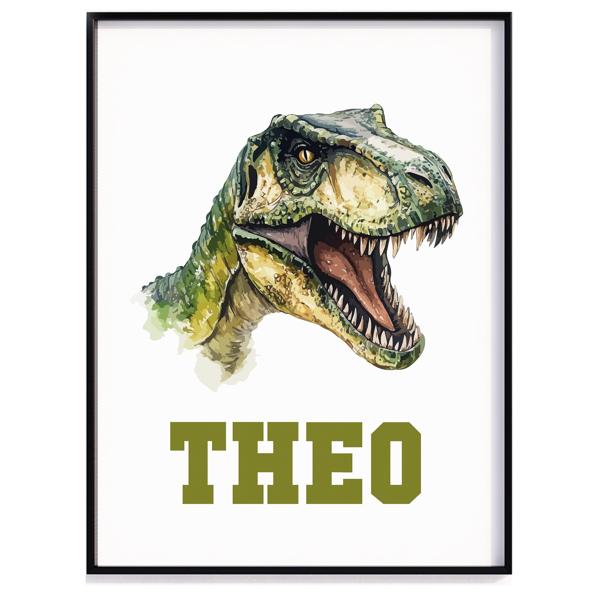Dinosaur Wall Art Poster, Watercolor Dinosaur Print, Personalised Dinosaur Print, Boys Bedroom Print, Print for Kids Nursery Playroom Decor (1 A3 Print Only (no frame), T Rex)