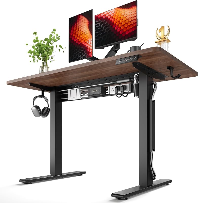 Electric Standing Desk with L-Shaped Crossbar & Cable Management System, 48 x 24 Inches Sit Stand up Desk, Adjustable Height Standing Desk for Home Office, Black Walnut