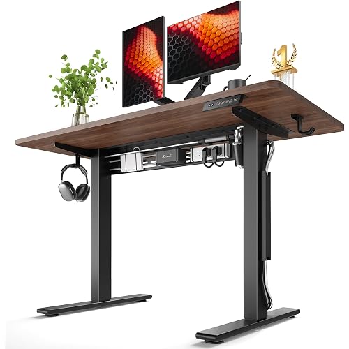 FEZIBO Electric Standing Desk with L-Shaped Crossbar & Cable Management System, 48 x 24 Inches Sit Stand up Desk, Adjustable Height Standing Desk for Home Office, Black Walnut
