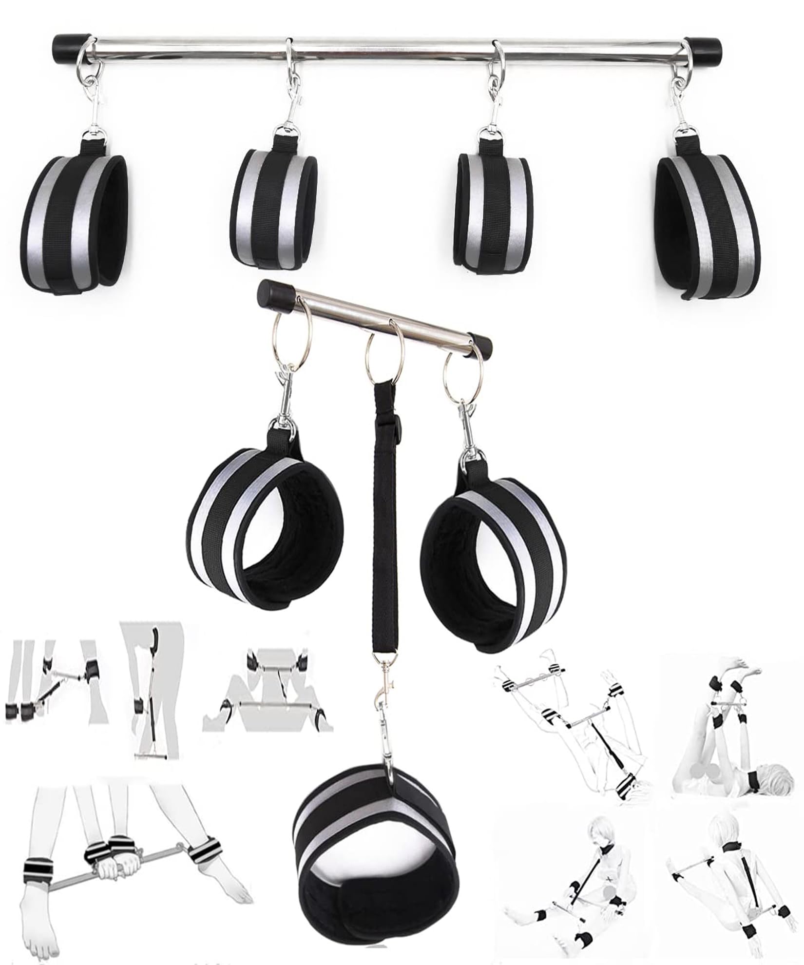 BAOMAZ4 Barre d'écartement en acier inoxydable Menottes mains et pieds Barre d'entrave Réglable Écarteur de jambes avec système de collier de serrage Torture Esclave Fétiche Ensemble de (SET)