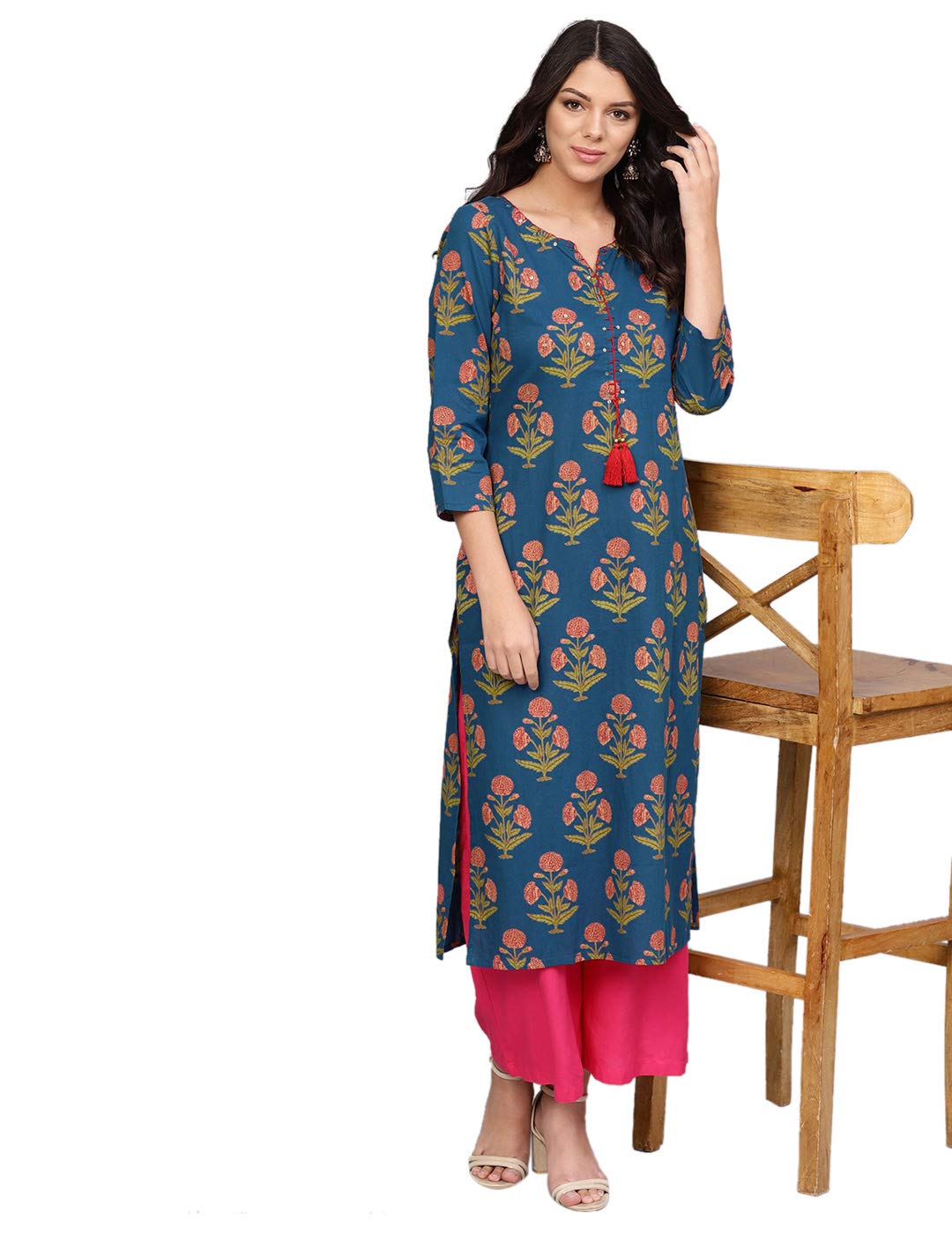 Varanga Women's Cotton Kurta (Vark229852_Navy Blue_Medium)