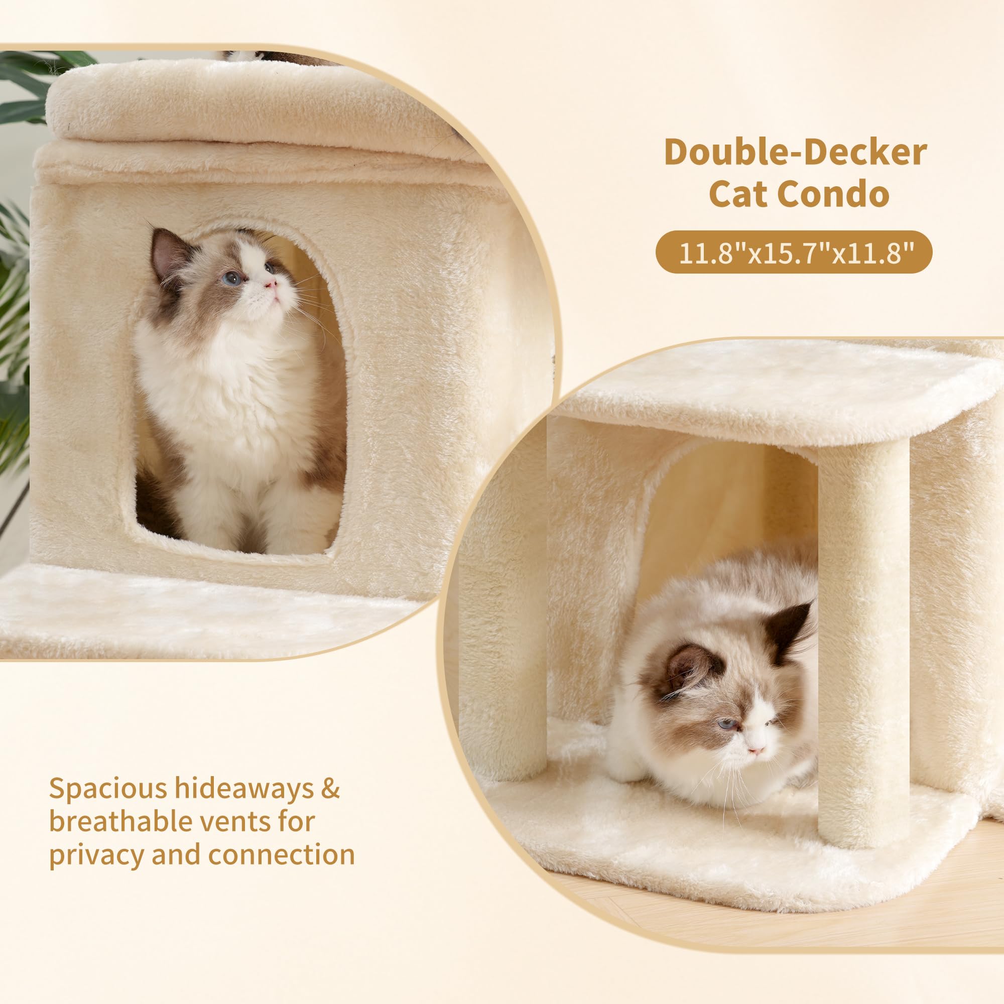 Heybly Albero Tiragraffi, Torre da 65 cm per Gatti Grandi con Piattaforma Spaziosa, Cabine a Due Livelli, Pali Graffiatori in Sisale, Cestino Confortevole e Pompom, Beige HCT204SM
