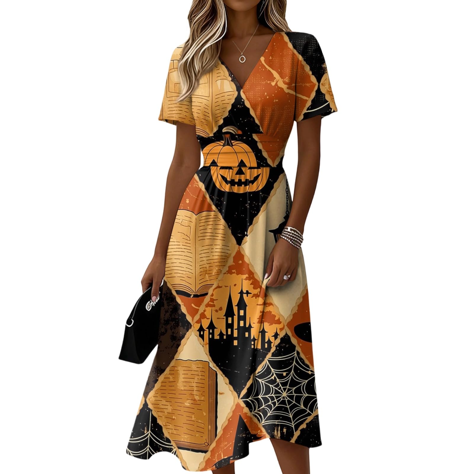 Robe midi imprimé citrouille araignée col V à manches courtes fluides - 6