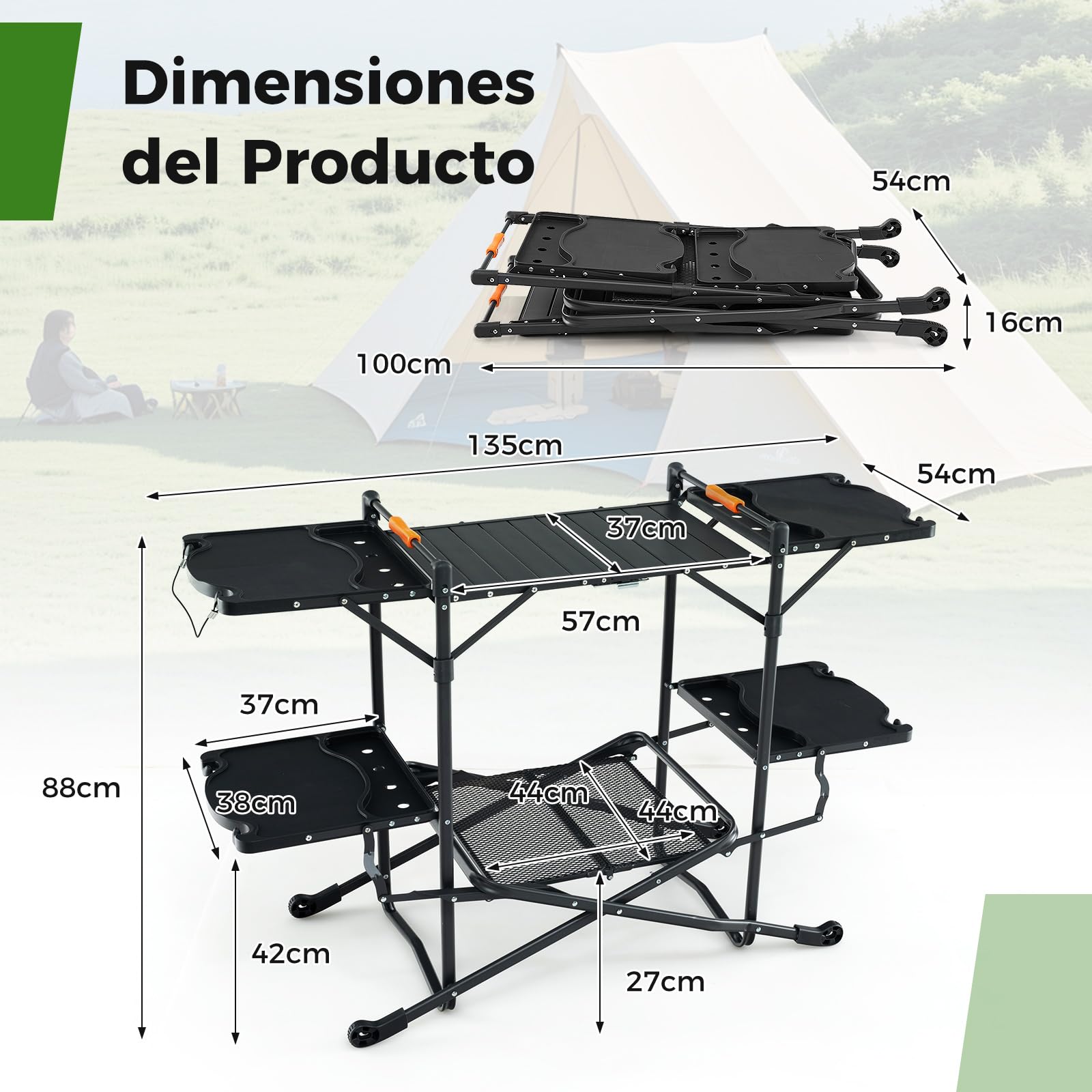 COSTWAY Mueble Cocina Camping, Mesa Plegable Camping con 4 Mesas Auxiliares, Mesa Cocina Camping, Marco de Aluminio, Estante de Almacenamiento, Bolsa de Transporte, 135 x 54 x 88 cm