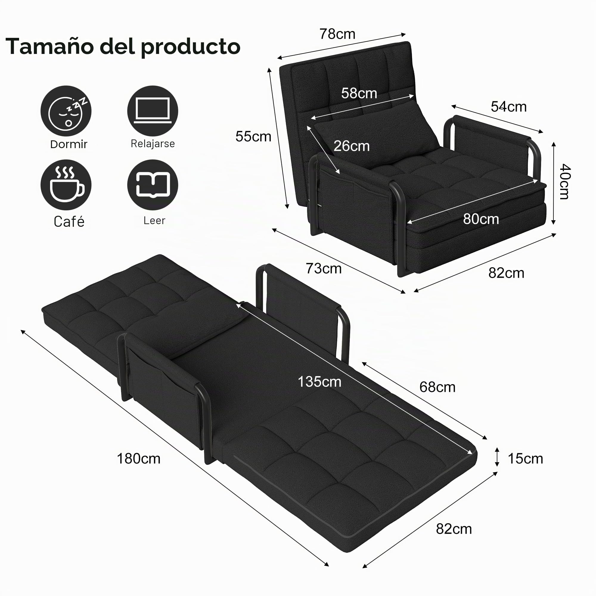 Sofá perezoso Tatami con 2 bolsillos laterales, sillón de suelo ajustable, silla de piso reclinable, ajustable 5 posiciones, asiento de suelo para casa y oficina, sentarse y acostarse (negro, A)