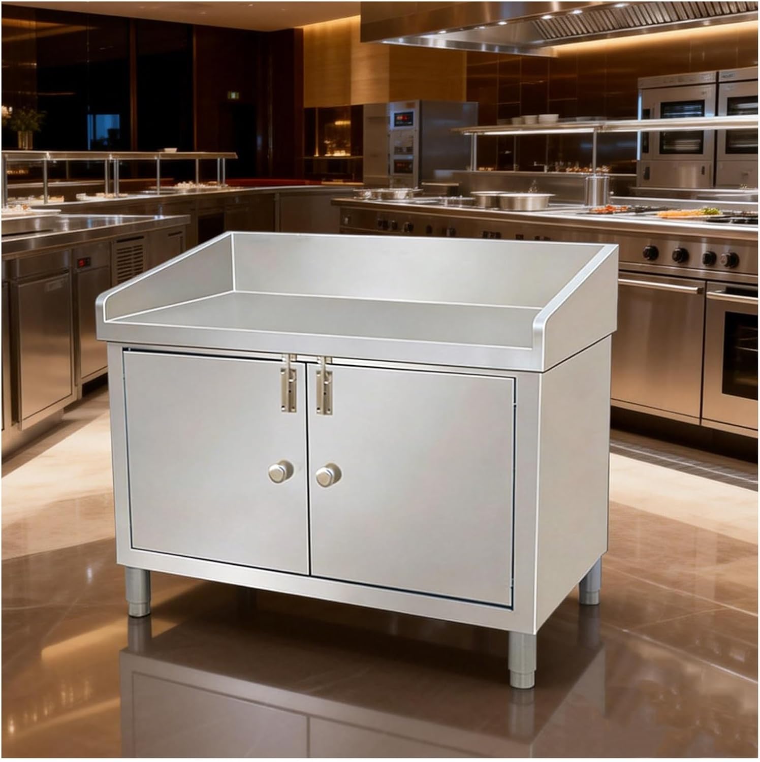 Stainless Steel Workbench with Three-Sided Enclosure Worktable Commercial Kitchen Cutting Board Workspace Large Storage Cabinet Adjustable Feet(90x70x80cm)