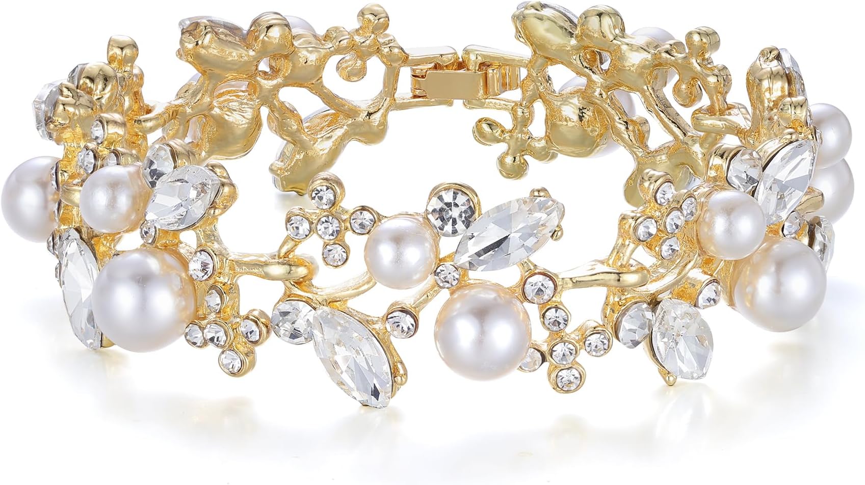 Austrian Crystal White Simulated Pearl Bridal Floral Leaf Tennis Bracelet Clear